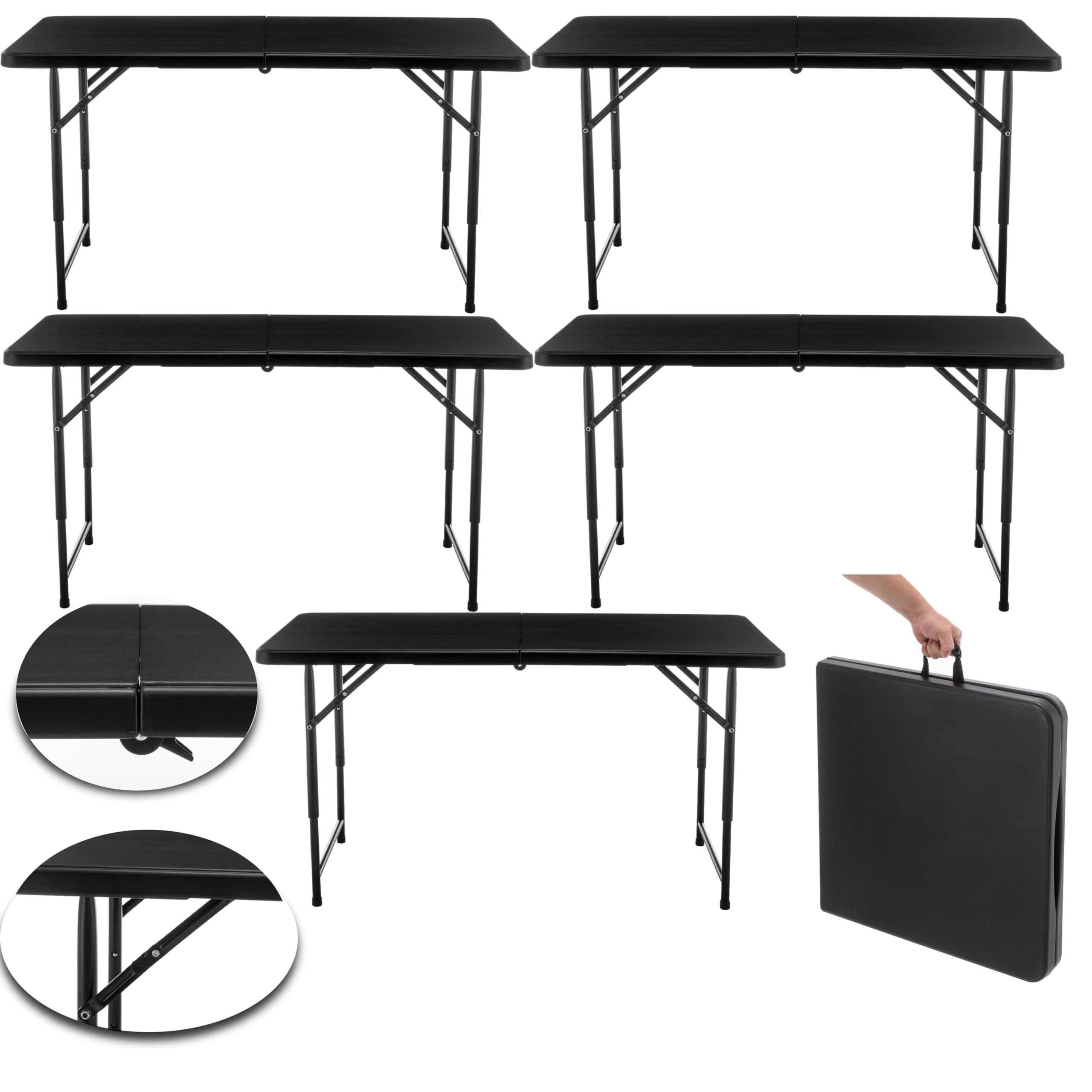 BTEXPERT Set of 5, Fold-in-Half Folding Utility Table 4Feet Lightweight Height Adjustable Portable Carrying Handle Indoor Outdoor Picnic Camping Office Home Party Easy to Clean Store Care Black