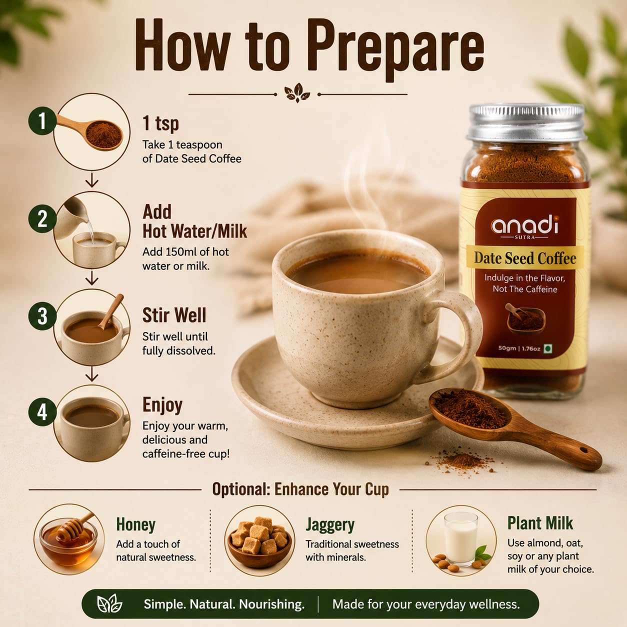 Anadi Sutra Dates Seed Instant Coffee Powder 50g | Caffeine-Free Coffee Substitute with Date Seed & Chicory | Rich Roasted Flavor | Healthy Daily Drink | No Additives 4