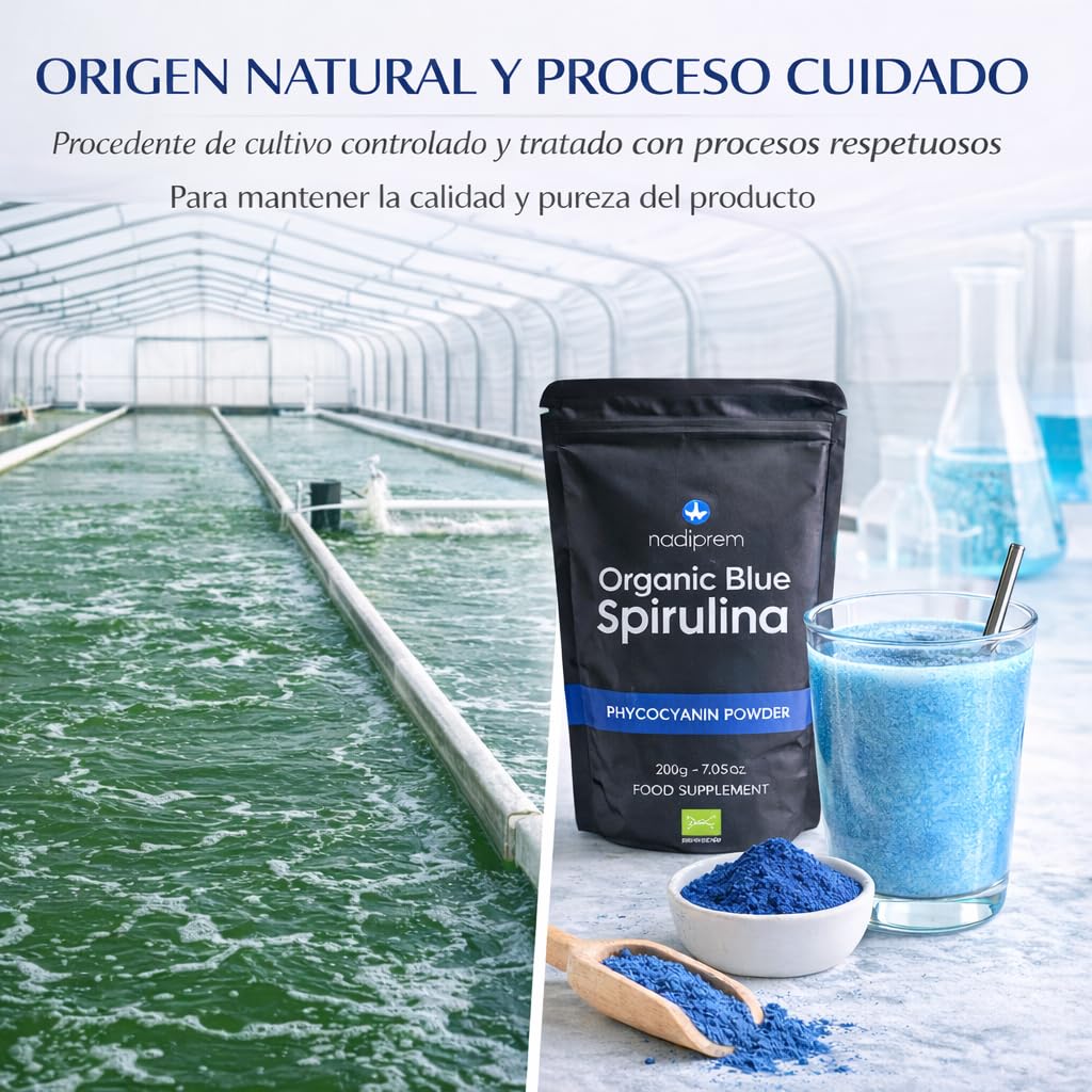 Espirulina Azul en Polvo 200g Ecológica Nadiprem (Ficocianina) | Blue Spirulina Orgánica | Colorante Alimentario Natural | Fácil Disolución para Batidos y Repostería
