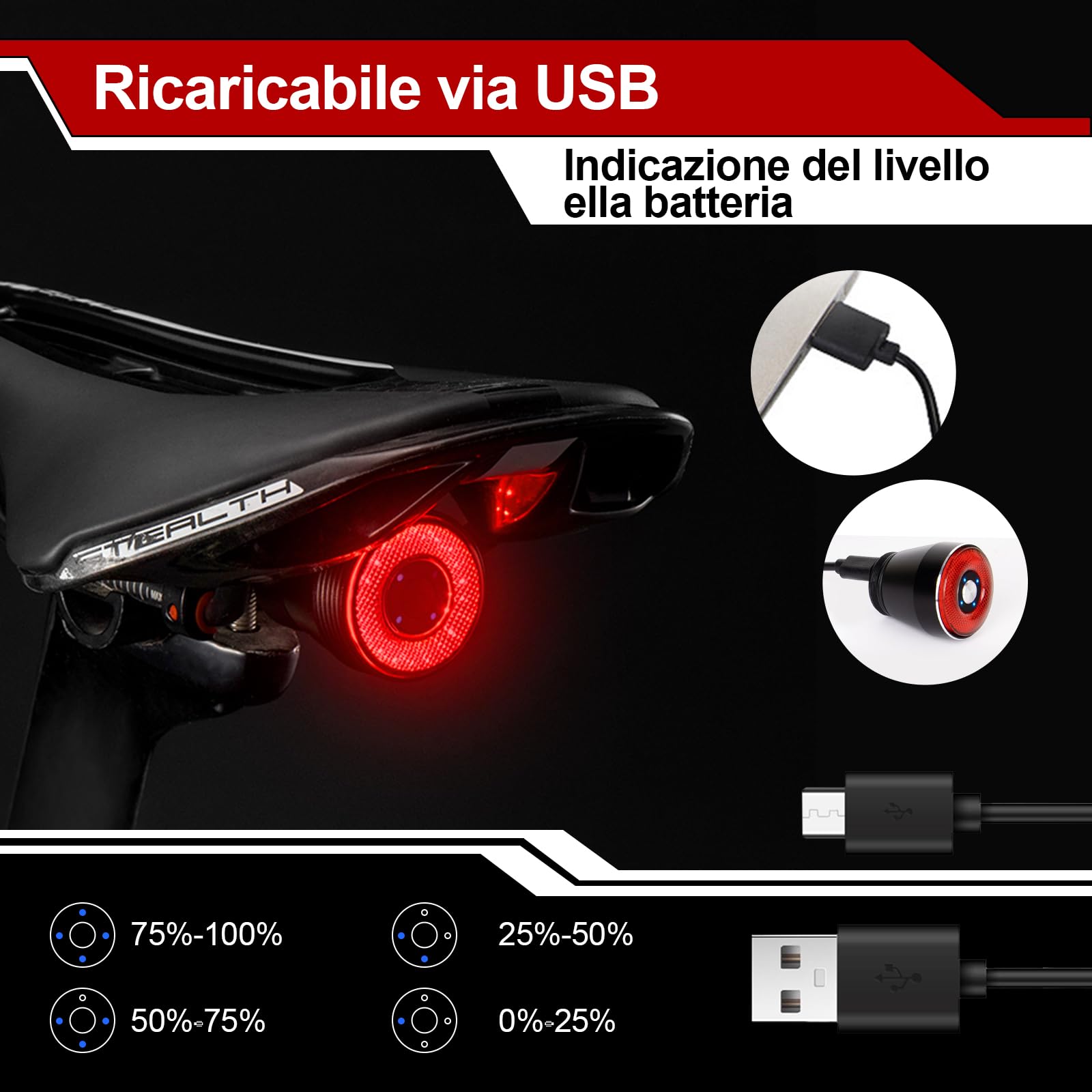 Luce Posteriore Bici Intelligente con Sensore di Frenata, Fanale Bici USB Ricaricabile Impermeabile IP65, 22 LED COB Rosso, 3 Modalità Illuminazione, Batteria 400mAh, Montaggio Universale