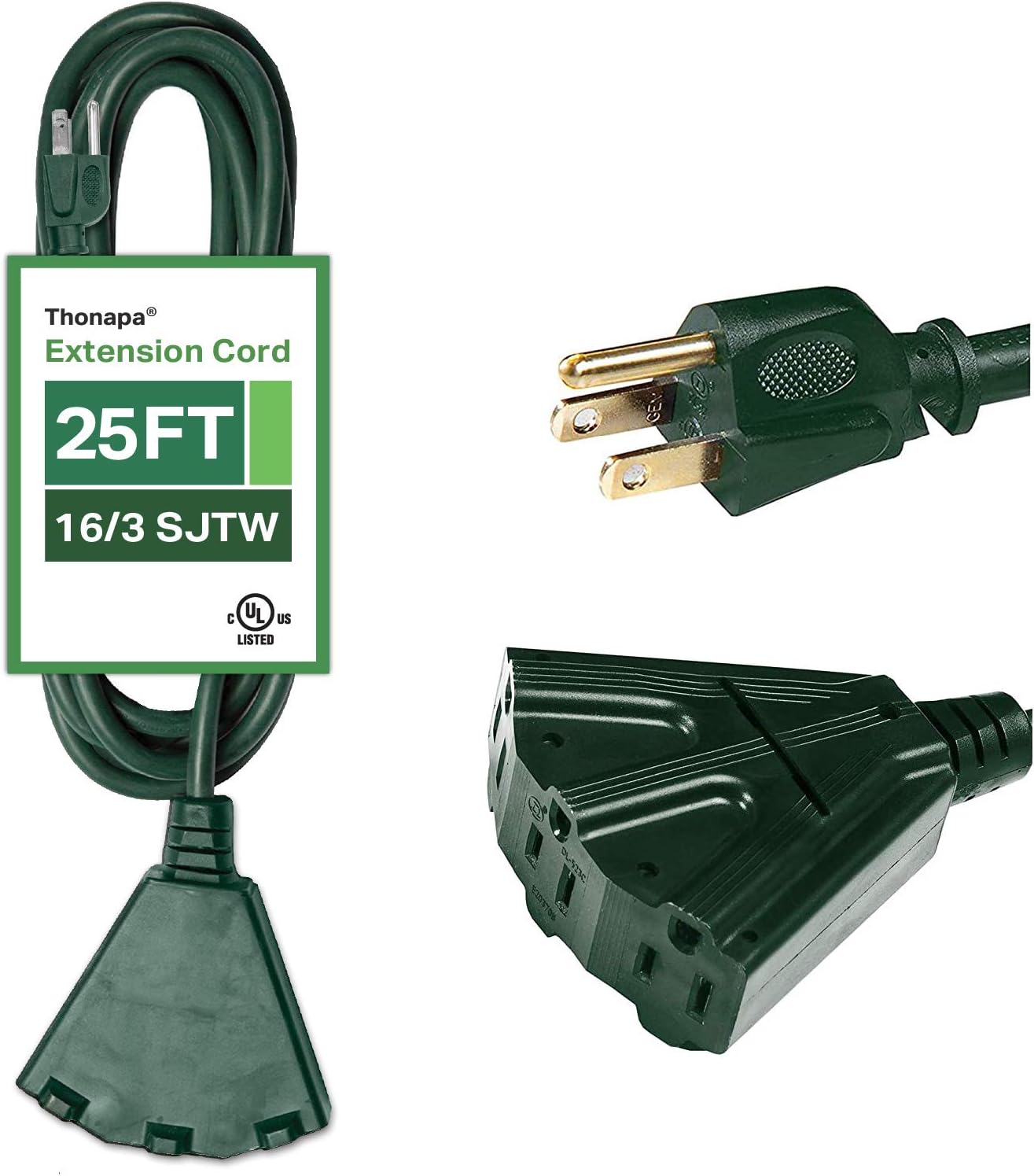 Thonapa 25 Ft Green Outdoor Extension Cord with 3 Electrical Power