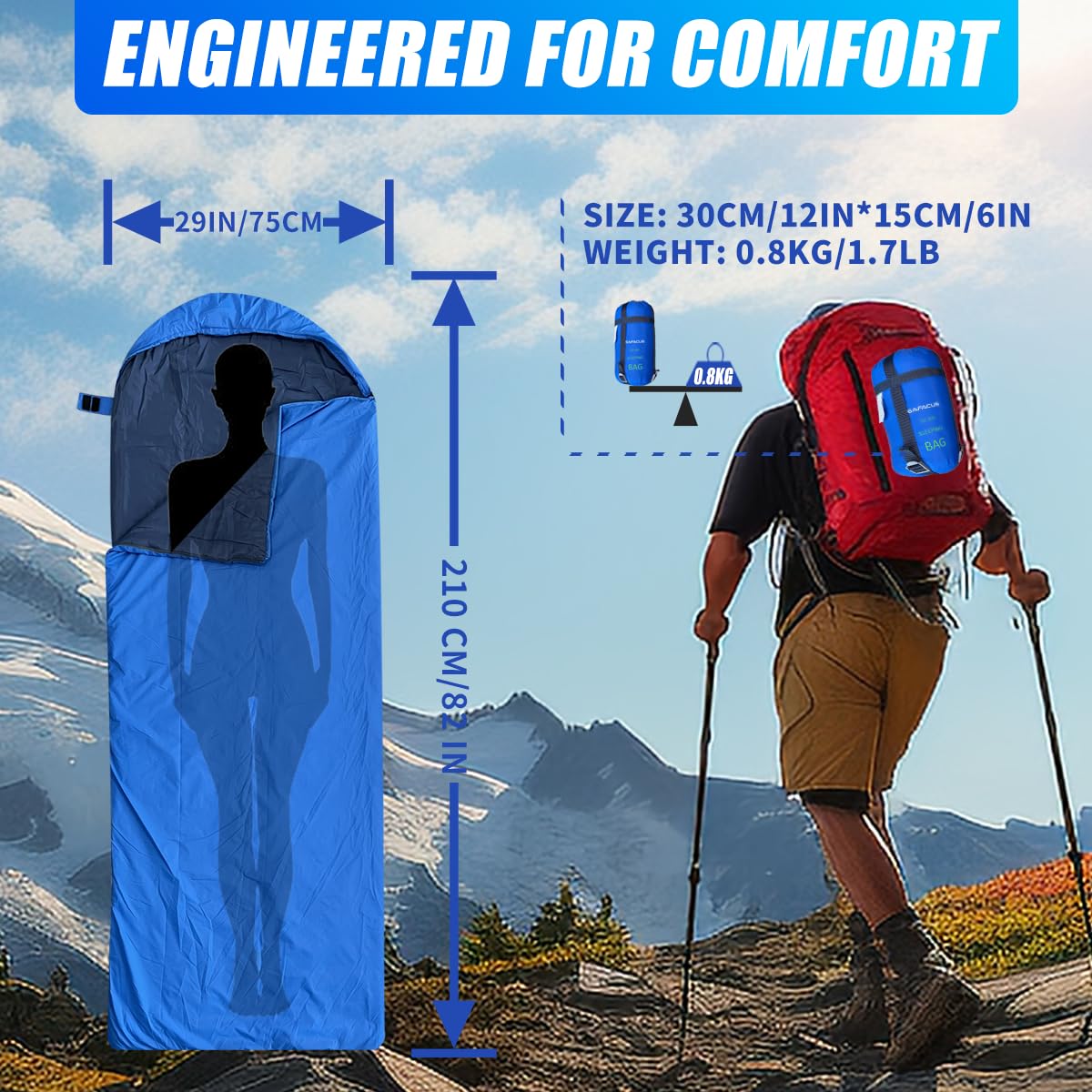 Saco de dormir de camping para 3 estaciones, clima cálido y frío, ligero, fácil de usar, con bolsas de compresión para adultos y niños, viajes al aire libre