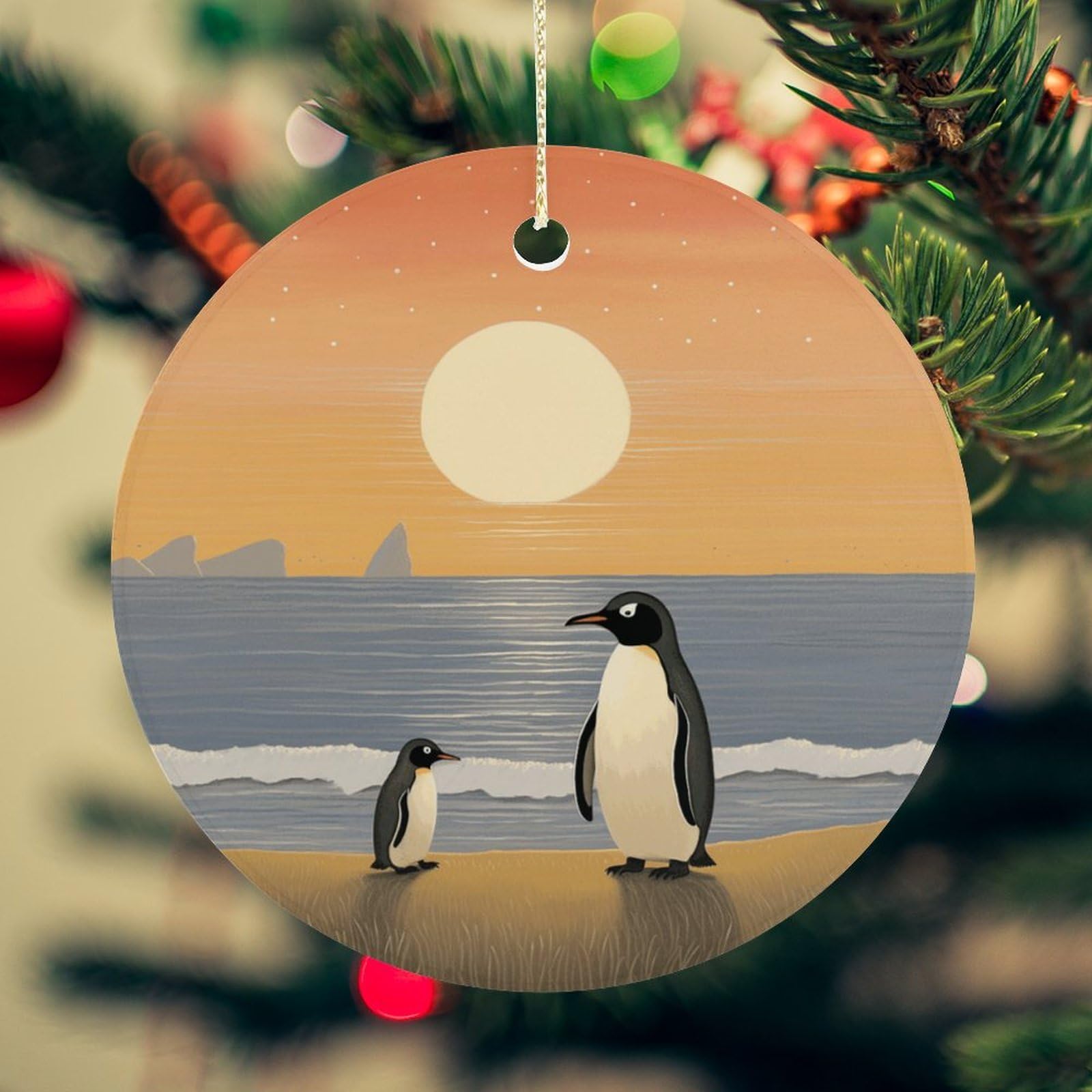 Two Penguins Pictures Christmas Ornament for Christmas Tree Ceramic Round Ornament Winter Holiday Keepsake Gift 2.7" Christmas Tree Hanging Decorations Circle Ceramic Pendant Xmas Gift