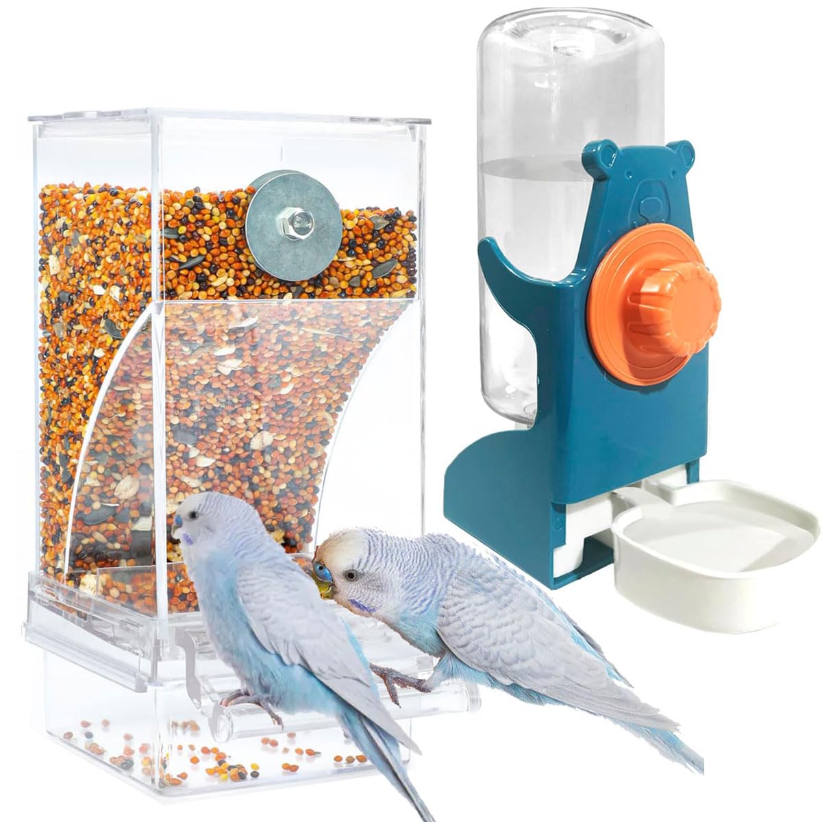 Set di 2 mangiatoie e abbeveratoi per uccelli in plastica trasparente, dispenser per semi e acqua, capacità, si adatta alla maggior parte delle gabbie mangiatoie per uccelli da appendere