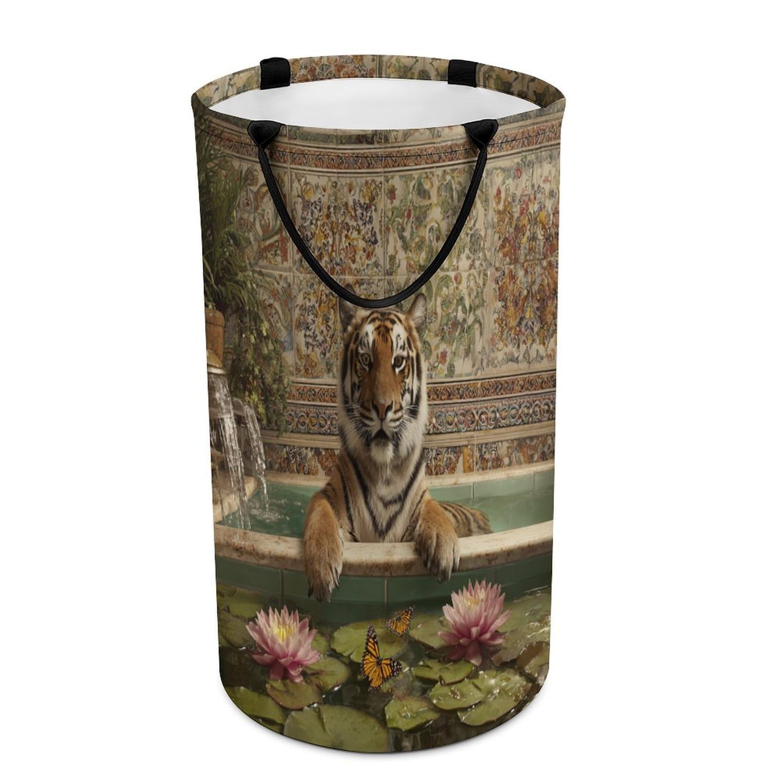 LUYYSKY Retro Watercolor Elegant Tiger Collapsible Dirty Clothes Basket, Modern Vintage Bathroom Art Animal Butterflies Lotus Floral Portable Clothes Storage Laundry Basket-40 CM Dia, 69 CM High