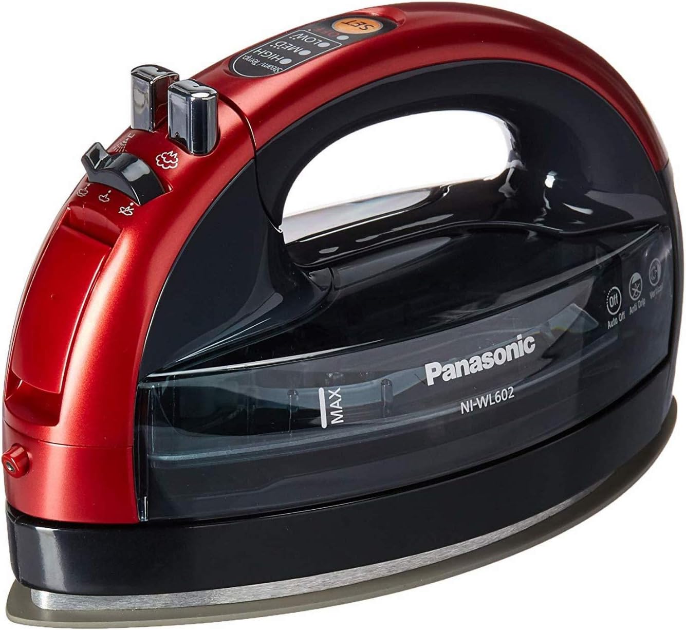 Panasonic Metallic Red 360 Freestyle Cordless Iron NI-WL602 - Portable Steamer for Clothes with Ceramic Charging Base, Vertical Steam Irons, Compact Heavy Duty Press Ironing Machine, 2400 Watts