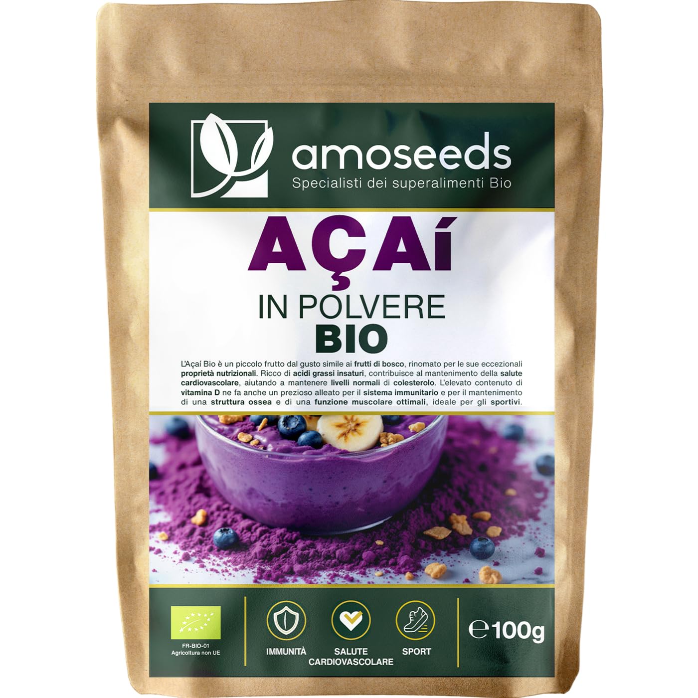 Açaí in polvere BIO 100g | 100 % Polpa di bacche di açaí Liofilizzata (freeze-dried) | Crudo, Senza Zuccheri Aggiunti | Immunità, Vitamina D, Ossa | Qualità Superiore