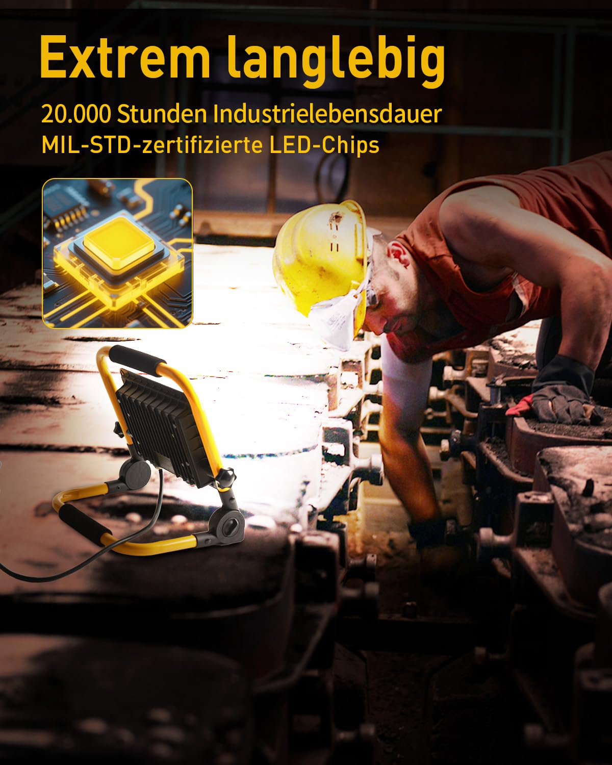 LED Baustrahler 70W, LED Arbeitsleuchte mit 4 Meter Kabel:, Wasserdichtes Arbeitsscheinwerfer Bauscheinwerfer für Werkstatt oder Baustelle, Garage, 6500K Tageslichtweiß