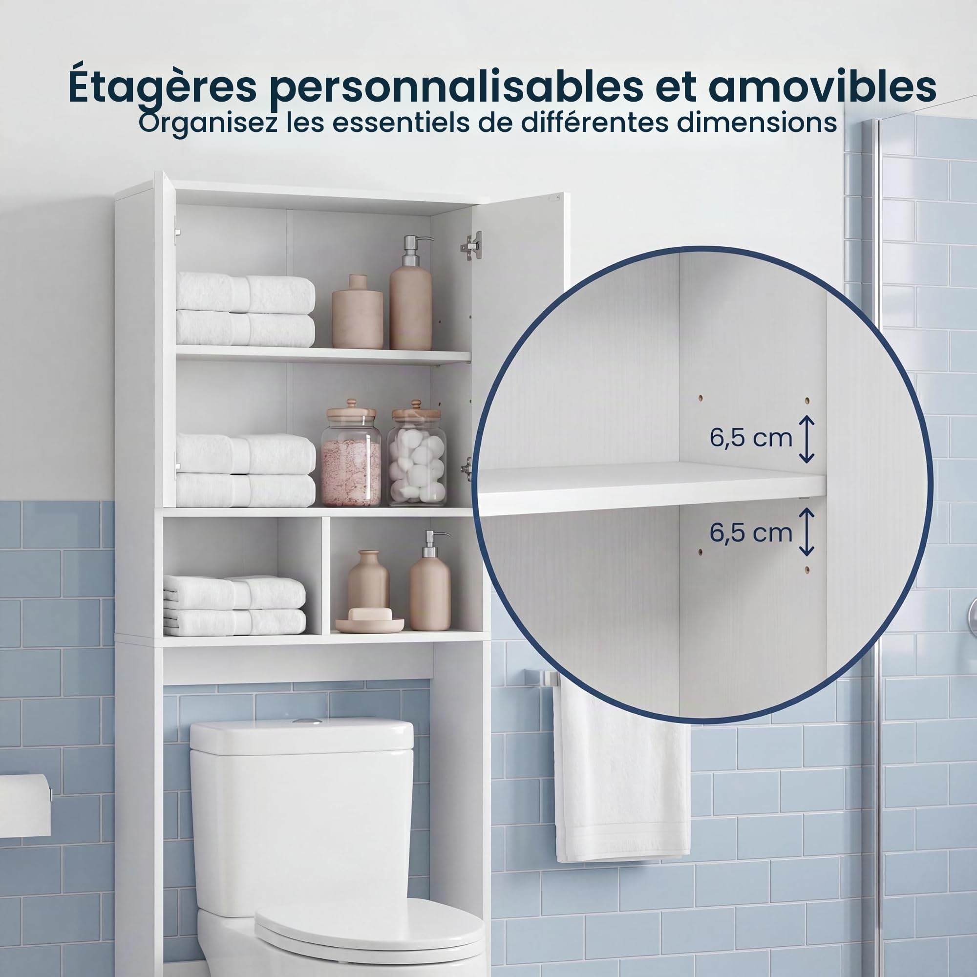 LIFEZEAL Meuble Au-Dessus des Toilettes, Armoire de Rangement Autoportante avec Étagère Réglable et Amovible, 2 Compartiments Ouverts, Meuble Salle de Bain pour Buanderie, 60 x 23 x 166 cm (Blanc1)