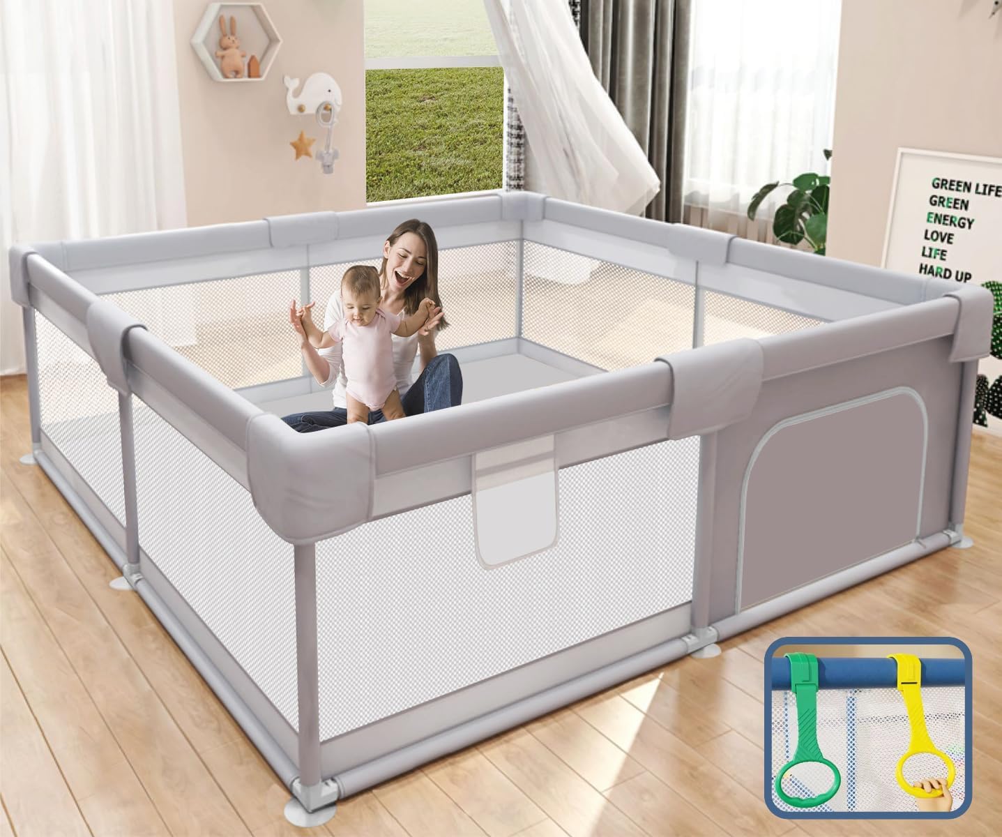 Large Baby Playpen 150x180 cm Playpen for Baby up to 5 Years with 2 Anti-Fall Rings, Safety Lock, Breathable Mesh, Kids Activity Center Play Pen (No Mat) (OrdinaryGrey)