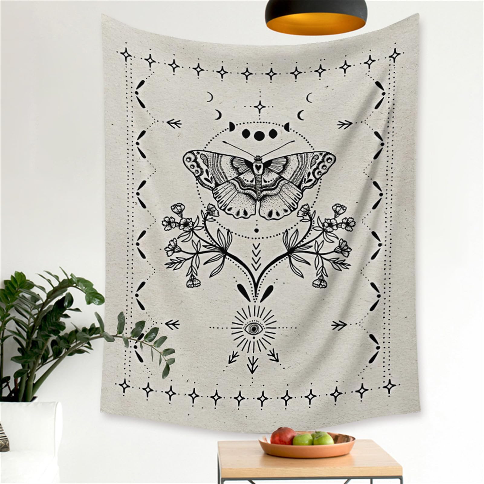 Boho Schmetterling Wandteppich – Mit Mondphase & Floralen Motiven, Polyester, In 4 Größen, Für Schlafzimmer & Wohnzimmer