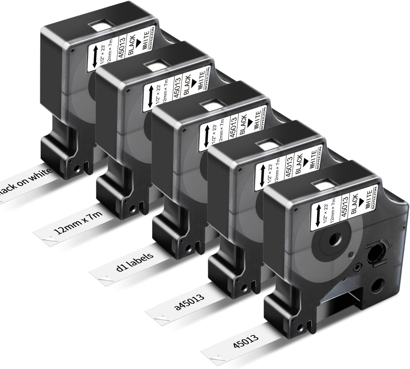 BOYEEZON 5-Pack 45013 Tape Compatible for DYMO D1 Label Maker Tape Refills 45013 S0720530 1/2 Inch Black on White for DYMO LabelManager 160 210D 260P 280 360D 420P 450D, 23 Feet