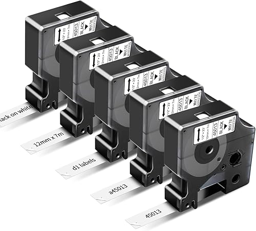 5 x 45013s de repuesto para cinta de etiquetas DYMO D1 de 12 pulgada x 23 pies, negro sobre blanco, 45013 D1 repuestos para etiquetadora DYMO