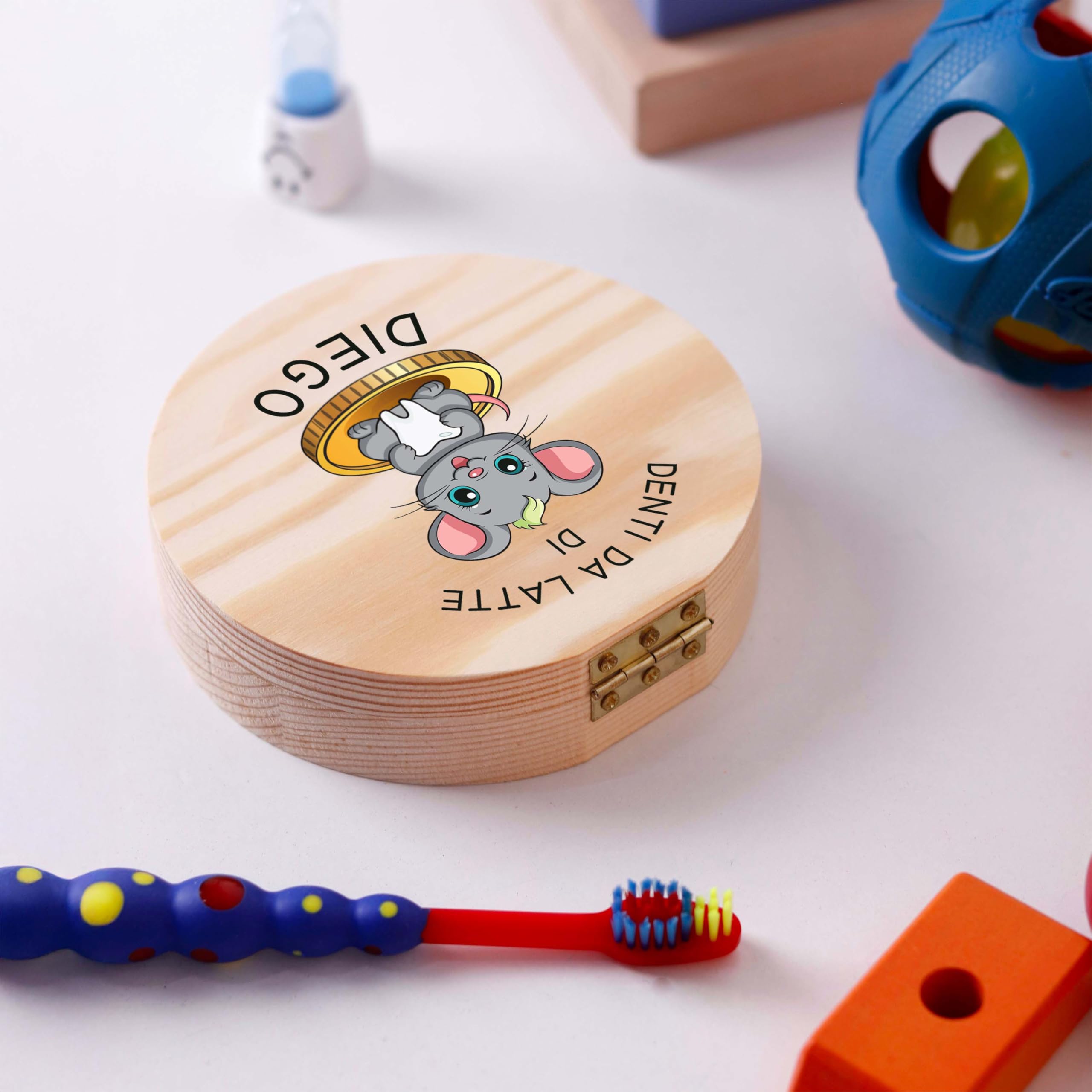 LAUBLUST Scatolina dei dentini personalizzata con nome – Scatola in legno con il topolino dei denti | Regalo per bambini e bambine – Scatola per denti da latte con pinzetta – Ricordo d’infanzia