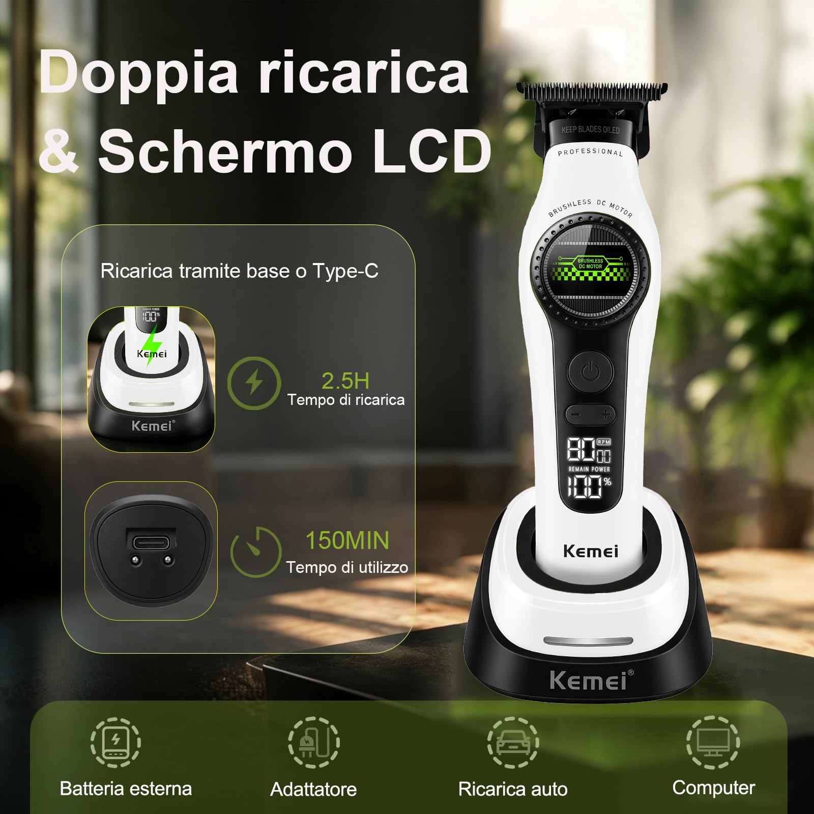 KEMEI 1595 Tagliacapelli Professionale per Uomo, Macchinetta Senza Fili