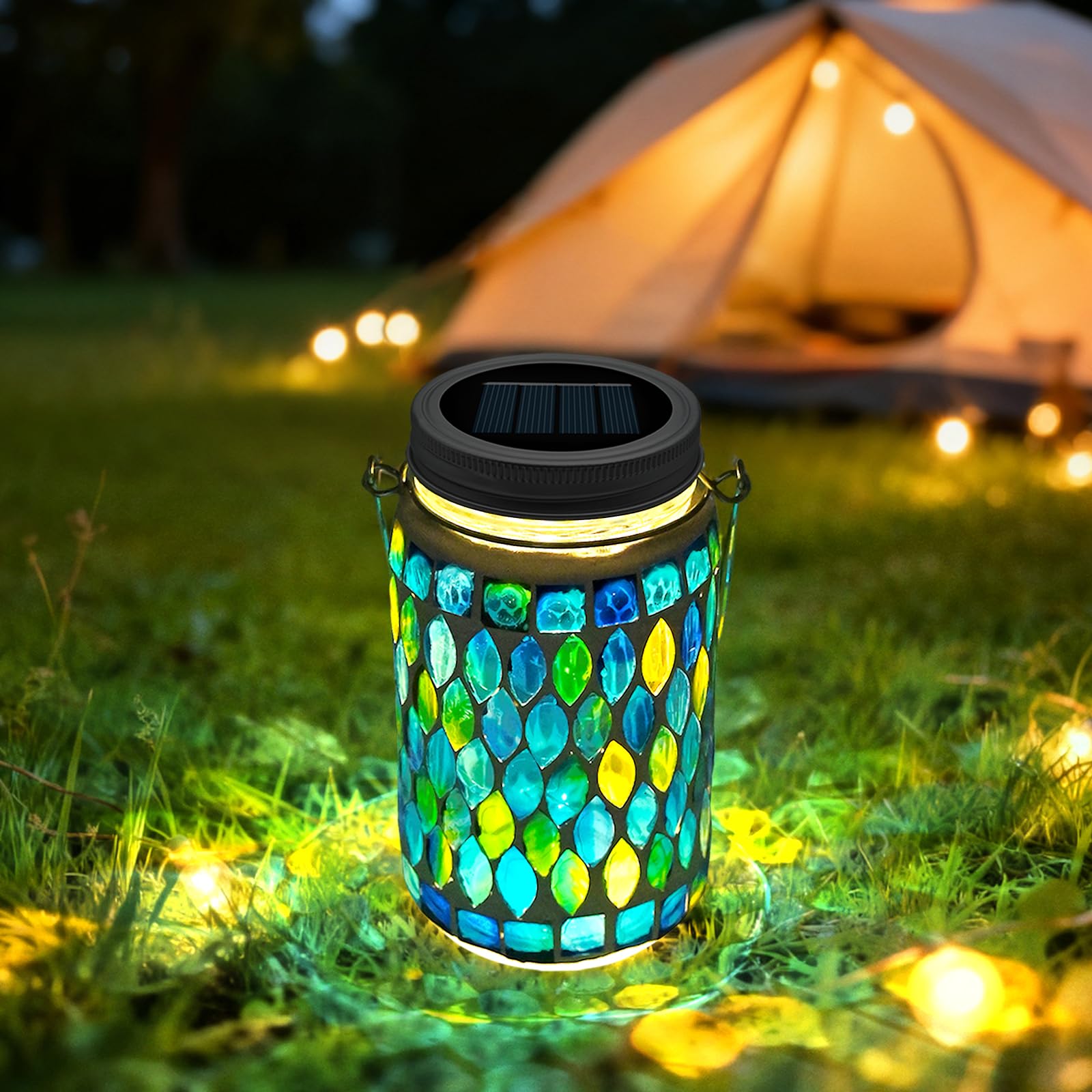 2PCS Mosaic Solar Lights Outdoor Garden, On/Off Glass Hanging Solar Mosaic Lanterns Lights IP65 Waterproof for Table Lawn Path Courtyard Deck Fence, Blue Mosaic Glass - 2