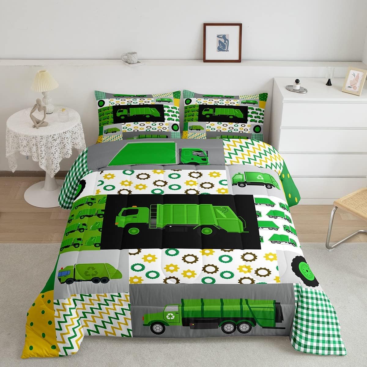Green Garbage Truck Comforter Powered Waste Management Recycling Trucks Bedding Set