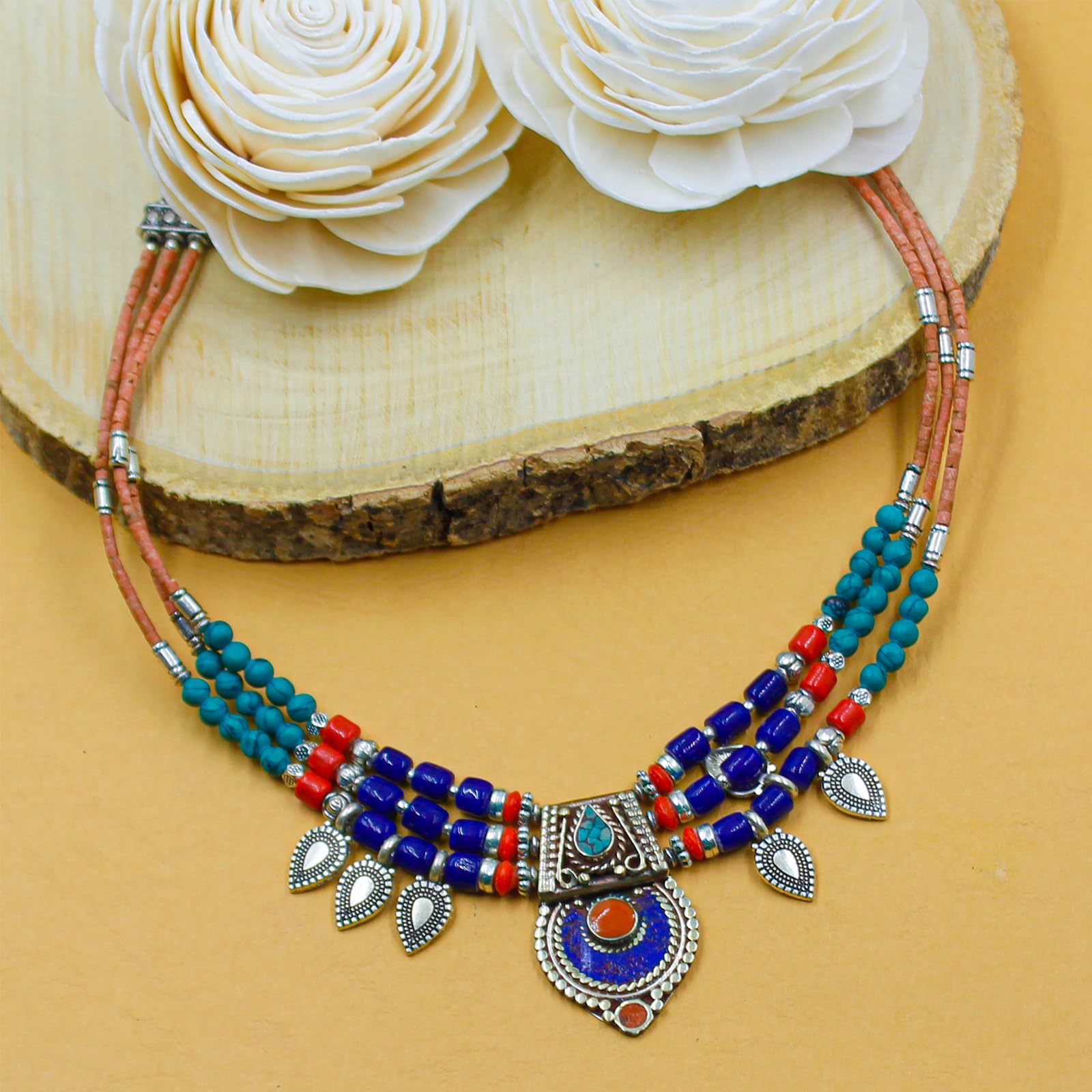 Collier Fait Main Pierre Gemme Lapis Lazuli et Turquoise, Bijoux Mode Bohème Pour Femme, Longueur 18"