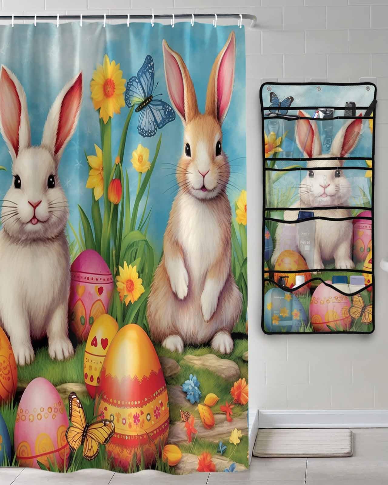 Shower Curtain Mesh Shower Organizer Hanging Set Easter Bunny Rabbit Eggs Spring Flowers Butterfly Watercolor Waterproof Shower Curtains