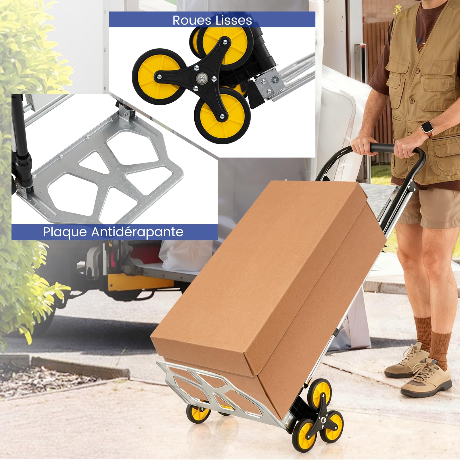 COSTWAY Diable Pliable et Échelle 2 en 1, Escabeau en Aluminium à 3 Marches avec Pédales Antidérapantes, Chariot Portable avec Roues en Caoutchouc pour Maison, Entrepôt, Bureau, Charge 250 kg