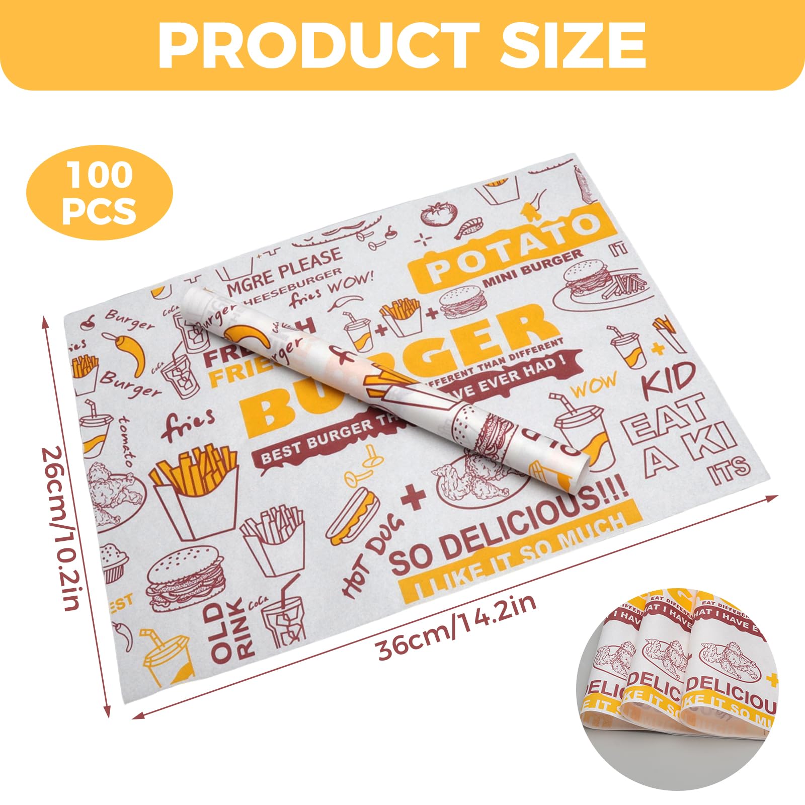 VOSSOT 100 arkuszy papieru do sera, 26 x 36 cm, papier woskowany do artykułów spożywczych, do chleba, serów, do burgerów, frytek, kanapek, masła, sera, 100 arkuszy