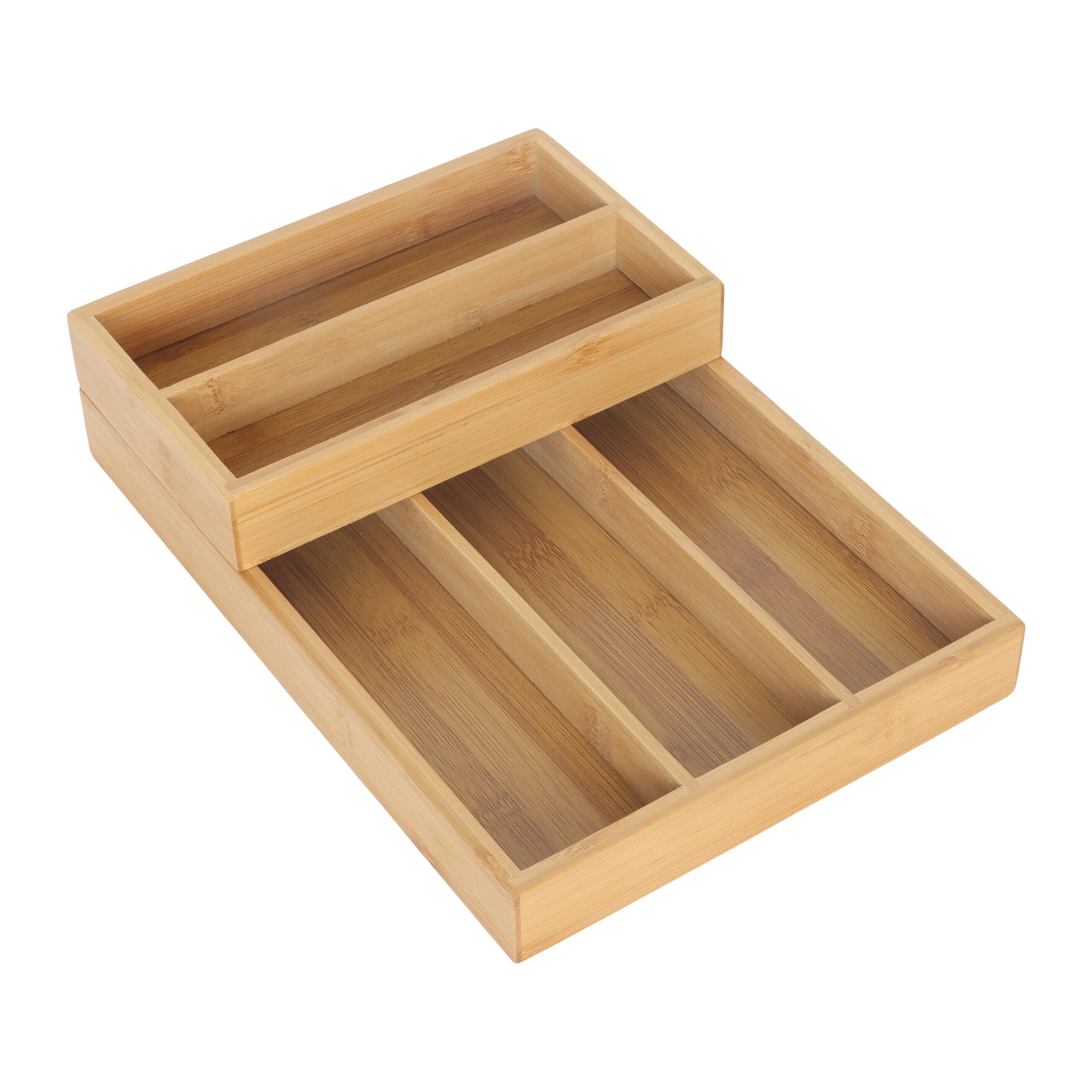 Relaxdays Bamboo Cutlery Insert, 2-piece, 6 compartments, stackable, space-saving drawer organizer, natural