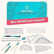CALCUSO Geometrie Set 14-Teilig mit Zirkel, Geodreieck in Stabiler Metallbox - praktisches Mathematik-Set für Schule, Büro, Uni, Zeichnungen, Grundschulen