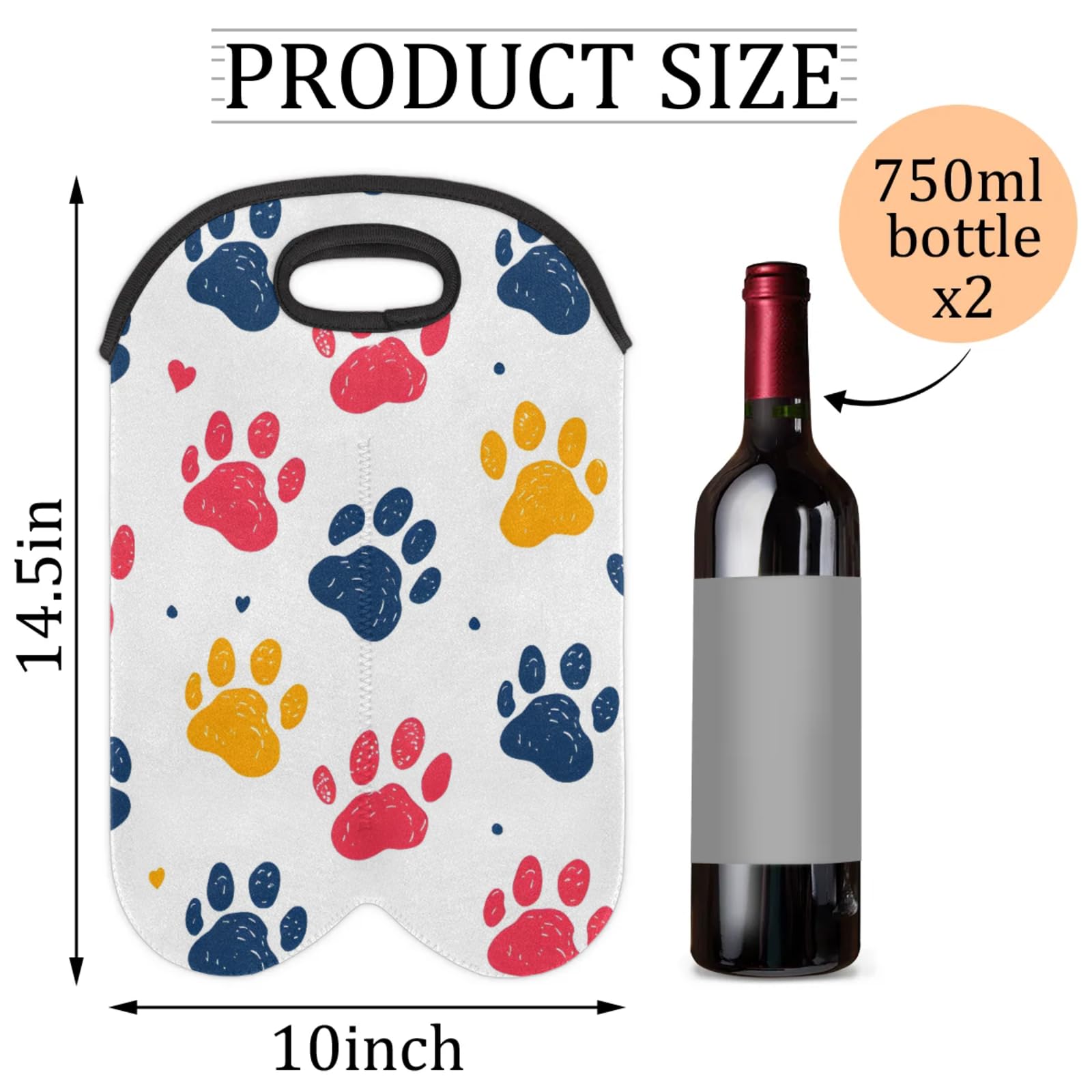 GzLeyigou 2 Bottles Colorful Paw Wine Bag Sleeve Totes Neoprene Protective Wine Carrier Bag for Wine,Water, Champagne, Beer, Baby Bottles,Gift 14.5 x 10 Inches
