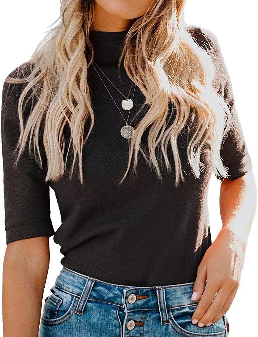 LACOZYWomens Tops Summer Dressy Casual Cute Top Mock Turtle Neck Tops Slim Fitted Half Sleeve Cute Plain T Shirt