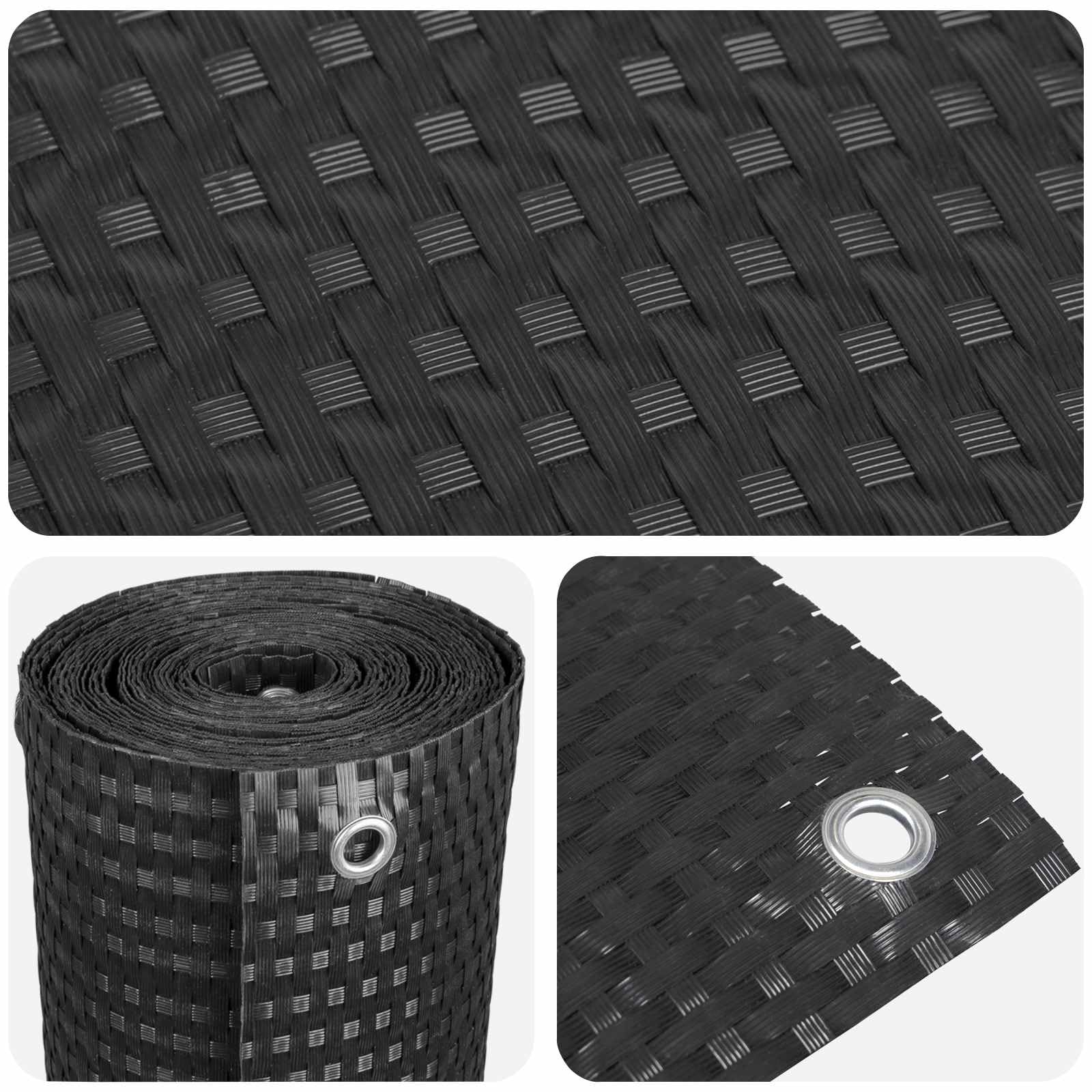 Balkonsichtschutz mit Ösen Schwarz, 600x100 cm Poly-Rattan Balkonbespannung, Sichtschutz für Balkongeländer, Terrasse und Gartenzaun, Windschutz und Sichtschutzmatte