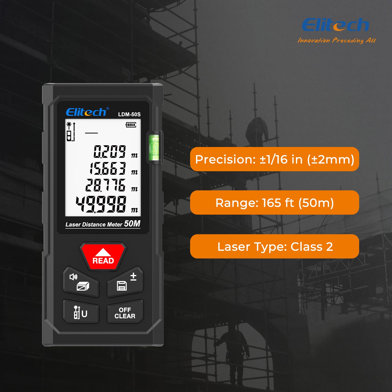 Elitech Télémètre Laser 50m Metre Laser Numérique Mesure Longueur Surface Volume Pythagore, 99 Mémoires, Niveau à Bulle Intégré, Unités Commutables Ft/in/m