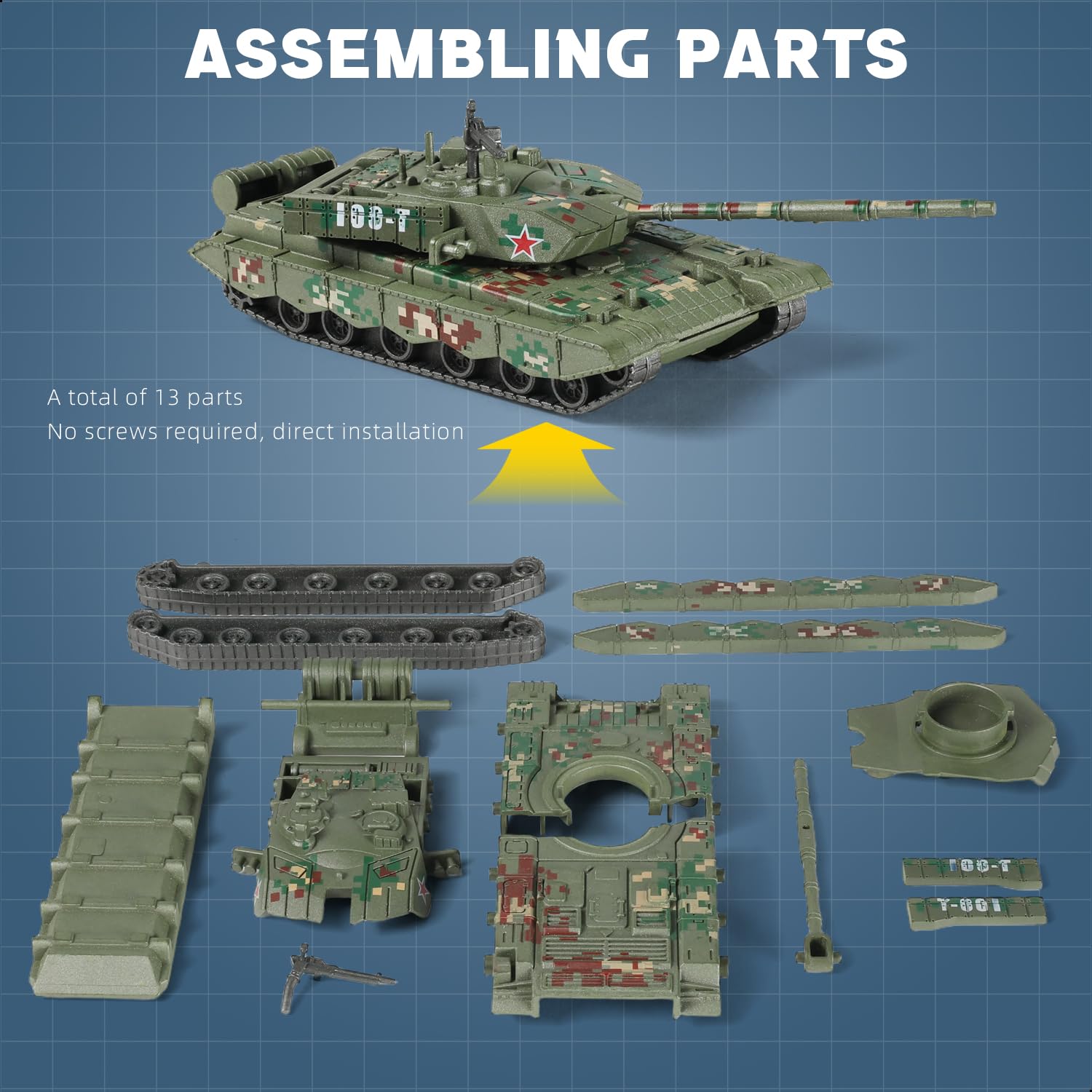 SEBUNAS 1/72 Scale Type 99 Military Tank Quick Build Model China Armored Vehicle Type 99 Main Battle Tank Building Model Gift for Adults and Kids (13PCS) - Image 4