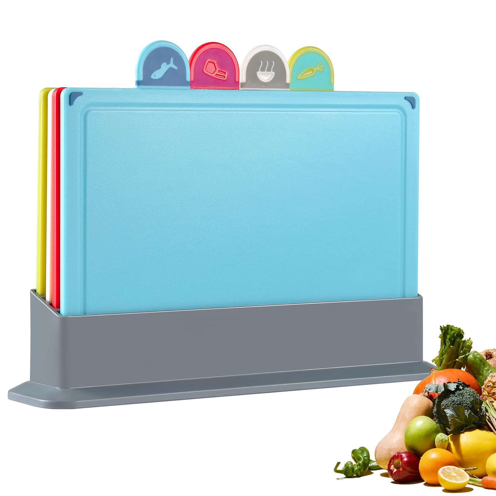 Hunnycook Plastic Chopping Boards Set - 4 Colour Coded Chopping Boards for Kitchens with Stand(30x20x0.5cm), Juice Grooves & Non-Slip Feet, BPA-Free for Meat, Bread, Seafood & Fruits Dishwasher Safe