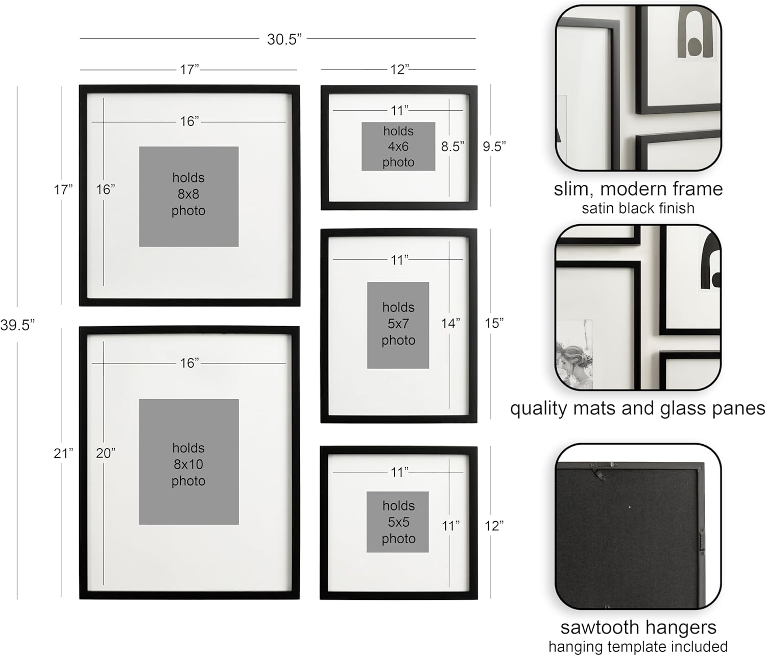 kate and laurel gallery contemporary rectangle minimal graphic framed art set of 5; varying sizes; black; modern five-piece framed wall art for gallery wall frame set in living room wall decor