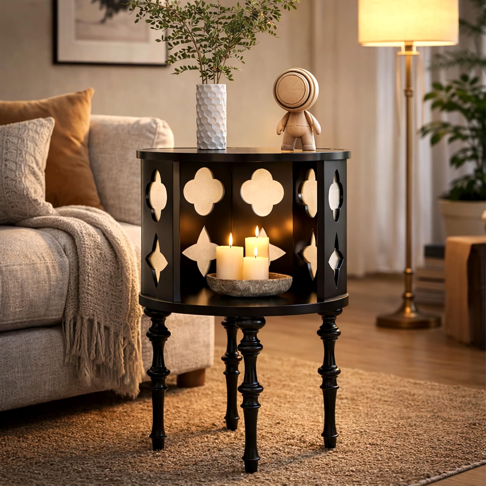 solid sheesham wood end table for living room | premium dark finish side table with handcrafted decorative cut design | modern bedside & accent table