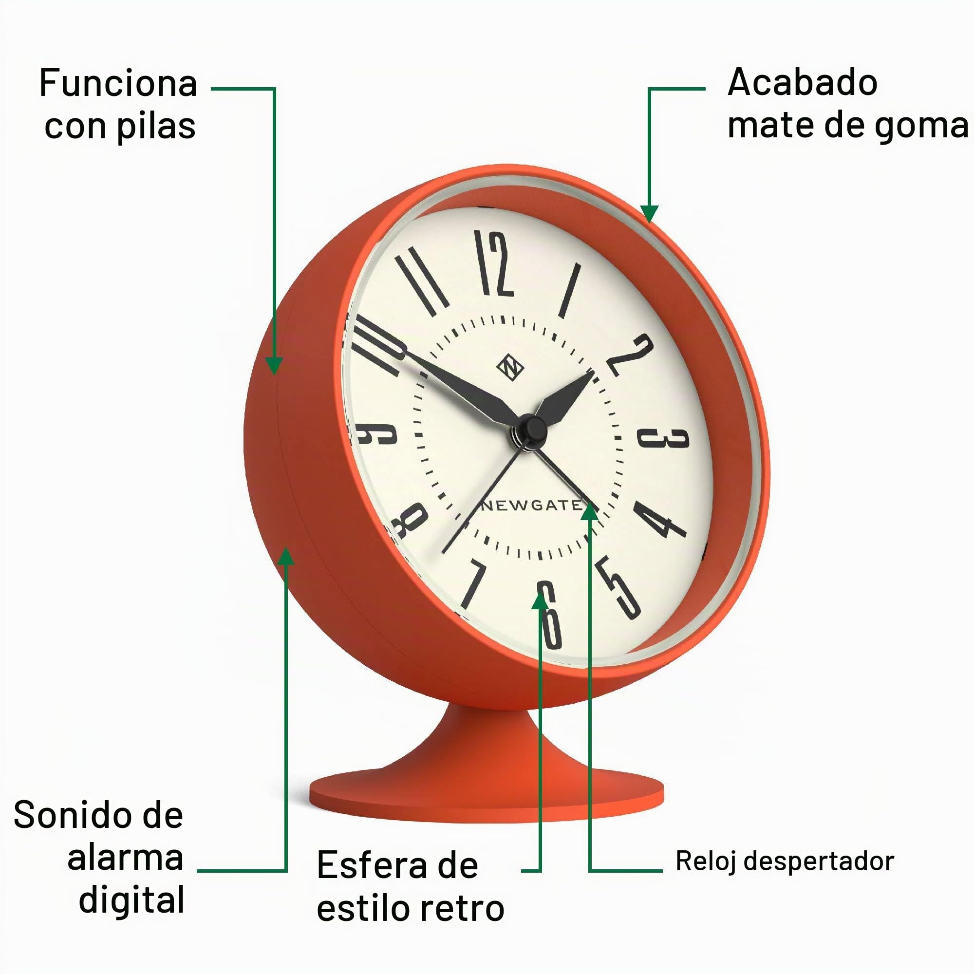 NEWGATE® Spheric Despertador | Diseño retro icónico de cúpula | Acabado naranja suave y gomoso | Ideal para la mesilla, escritorio o estantería | Accesorio de dormitorio y oficina de mediados de siglo