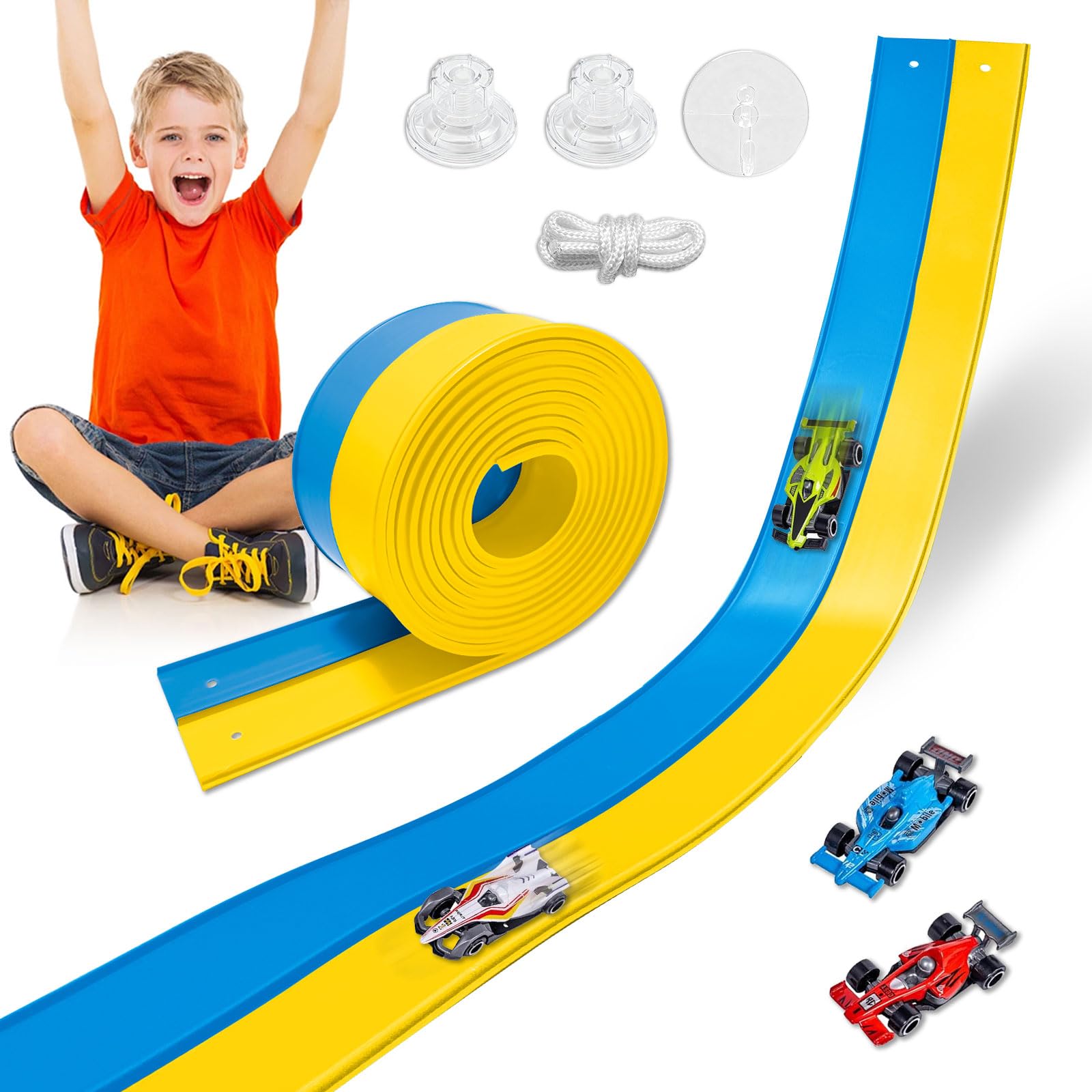 Flexible Race Track Toys for Kids 15 Ft Double Lane Racetrack with 4 Cars & Suction Cups