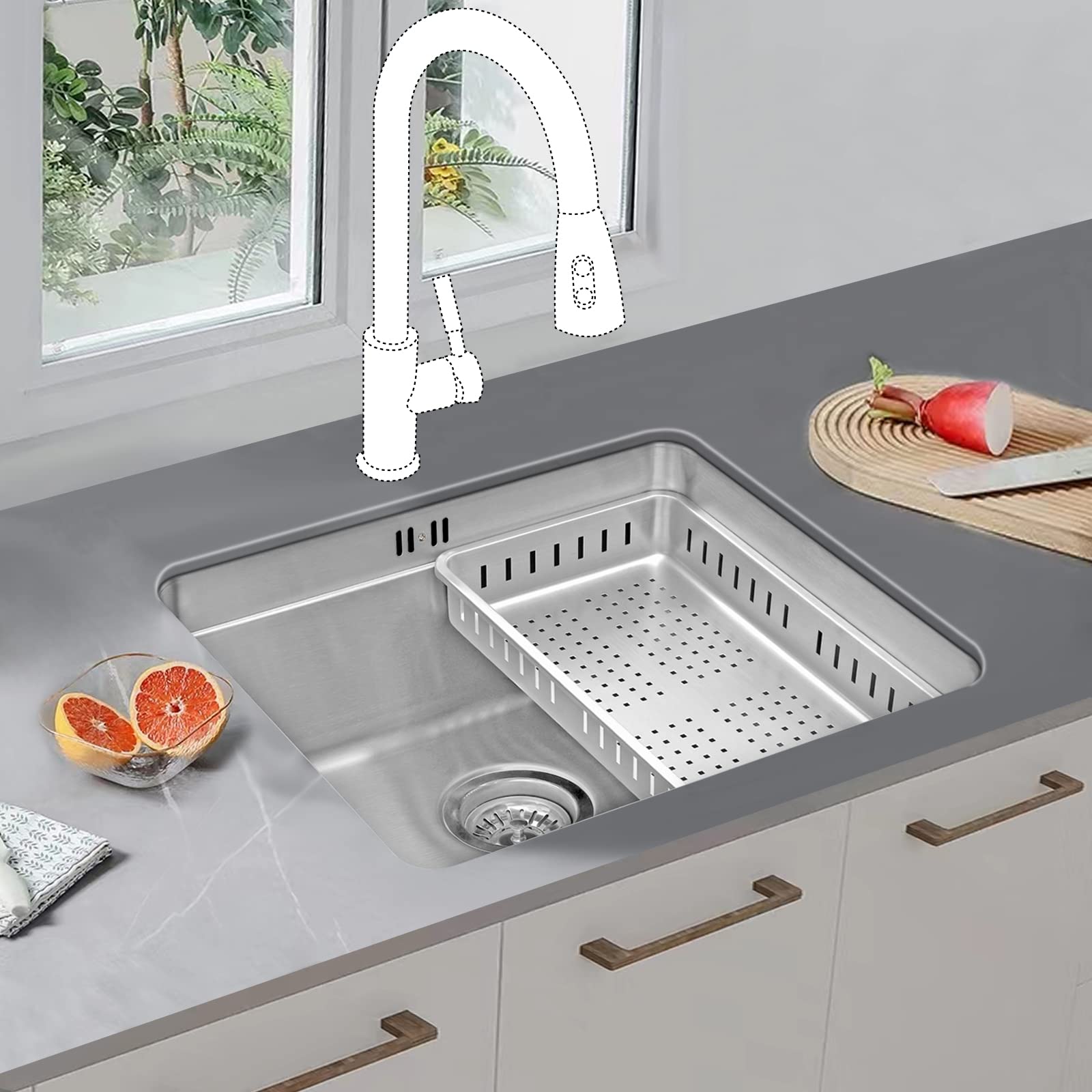 JASSFERRY Fregadero de cocina un seno, de Acero Inoxidable, bajo encimera, con colador de residuos 490 x 440