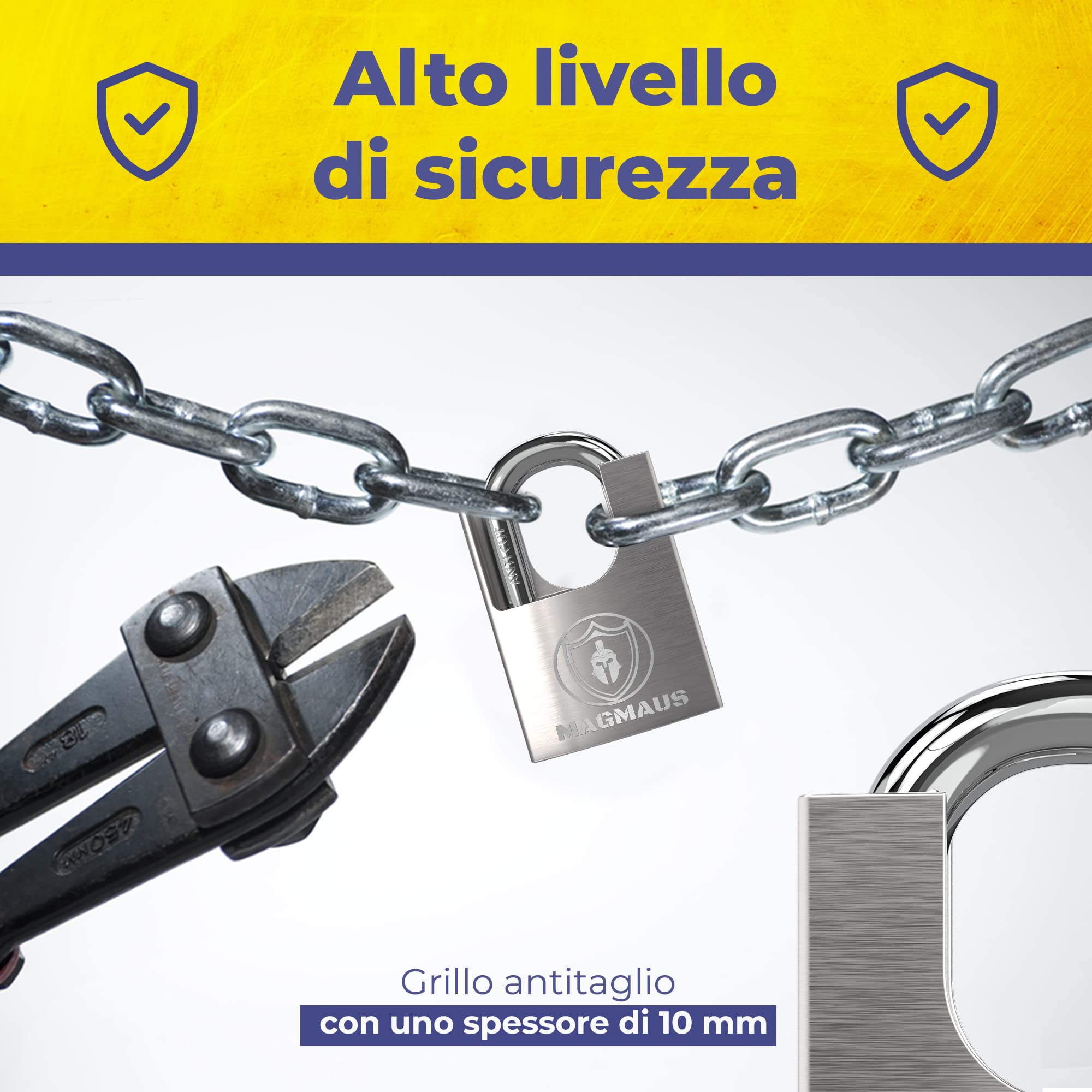 Magmaus® SDL50 Lucchetto Antiscasso Alta Sicurezza - Serratura per Cancello Esterno e Lucchetti con 3 Chiave - Acciaio e Lega di Boro per Catena e Garage - Ideale per Armadietto e Palestra e Catena