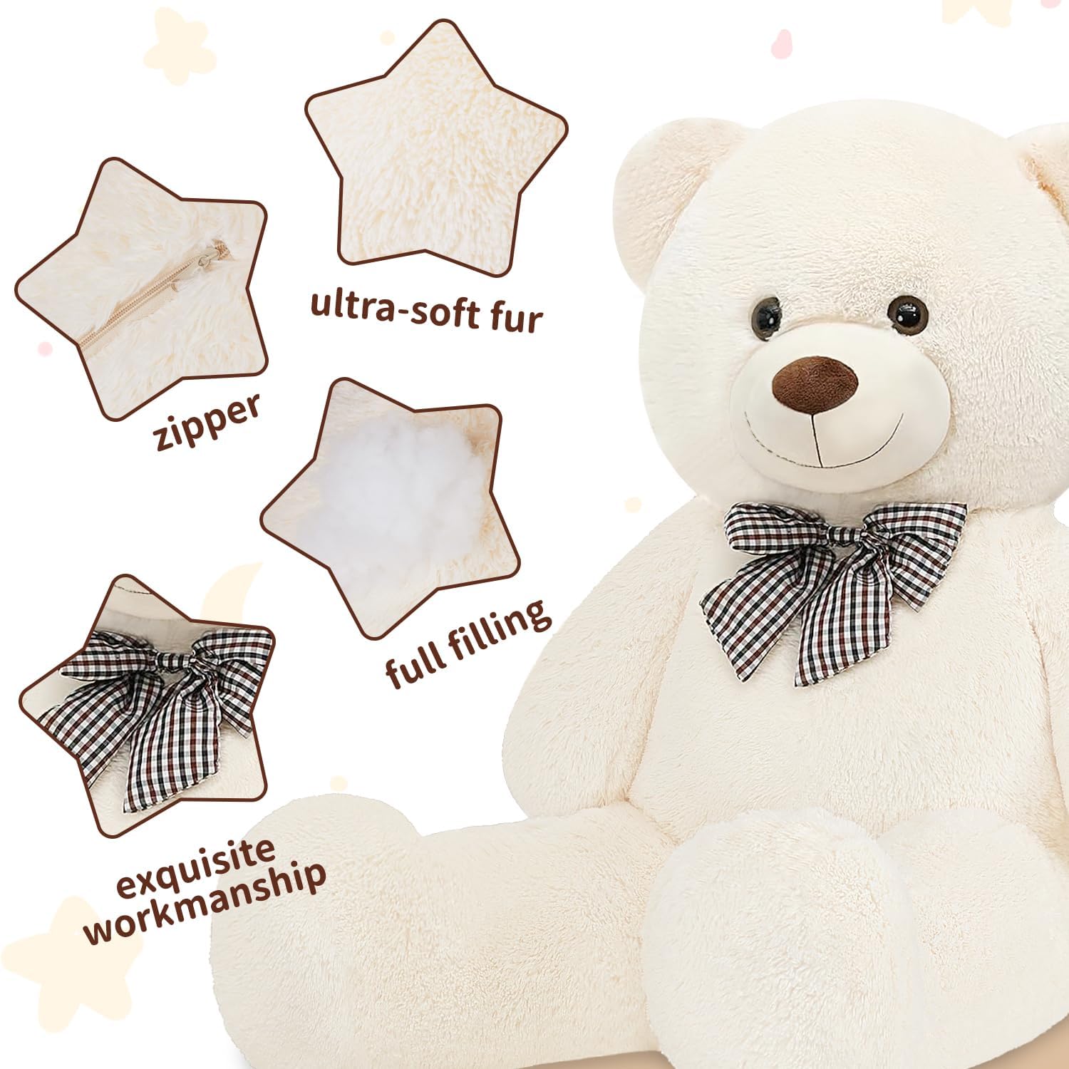 Giant Teddy Bear Stuffed Animals Plush Toy Life Size Big White Teddy Bear for Kids Girlfriend, Soft Stuffed Bear Animals for Birthday Valentine's Day Anniversary Christmas(120cm/47.2inch, White) - Image 3