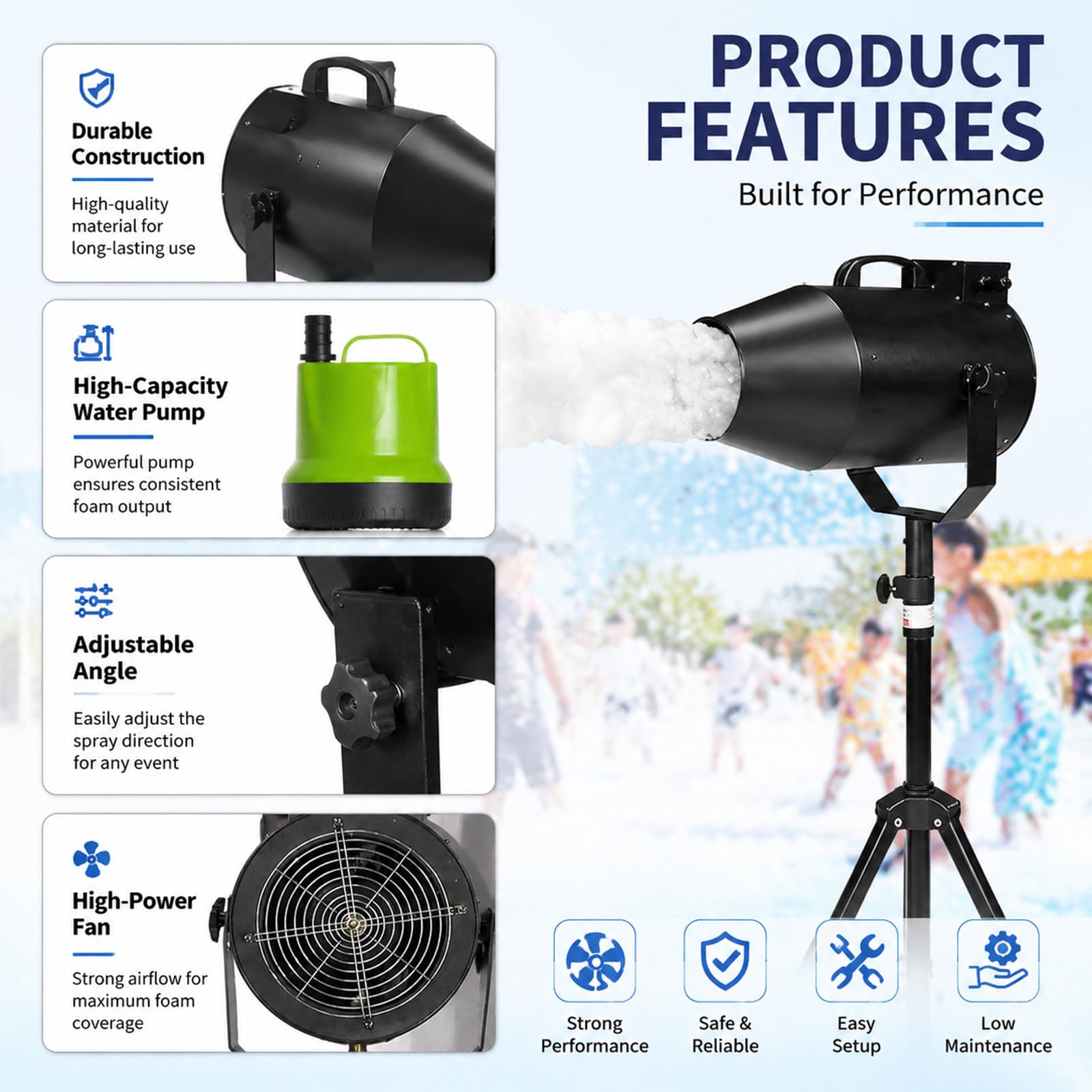 Cannone Sparaschiuma per Feste 1000W, Macchina della Schiuma con Supporto Treppiede e Pompa, Grande Volume di Schiuma 20m³/Min, per Eventi Estivi, Festa in Piscina e Compleanni Privati