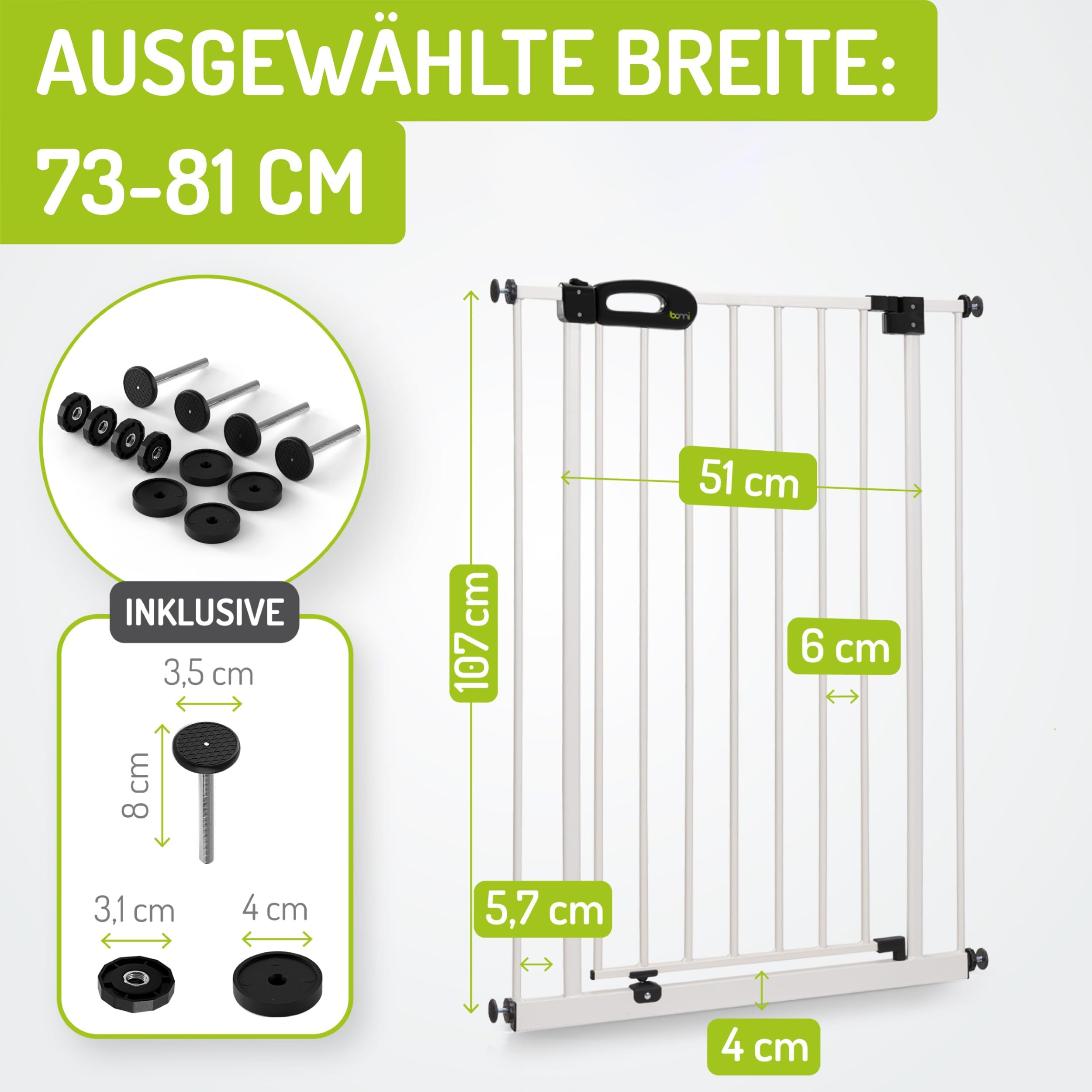 BOMI Türschutzgitter Merle | Extra Hoch 107 cm | Ohne Bohren | Schließt automatisch | Tuerschutzgitter weiß Metall Selbstschließend | Treppengitter zum Klemmen für Baby | Breite: 73-81 cm