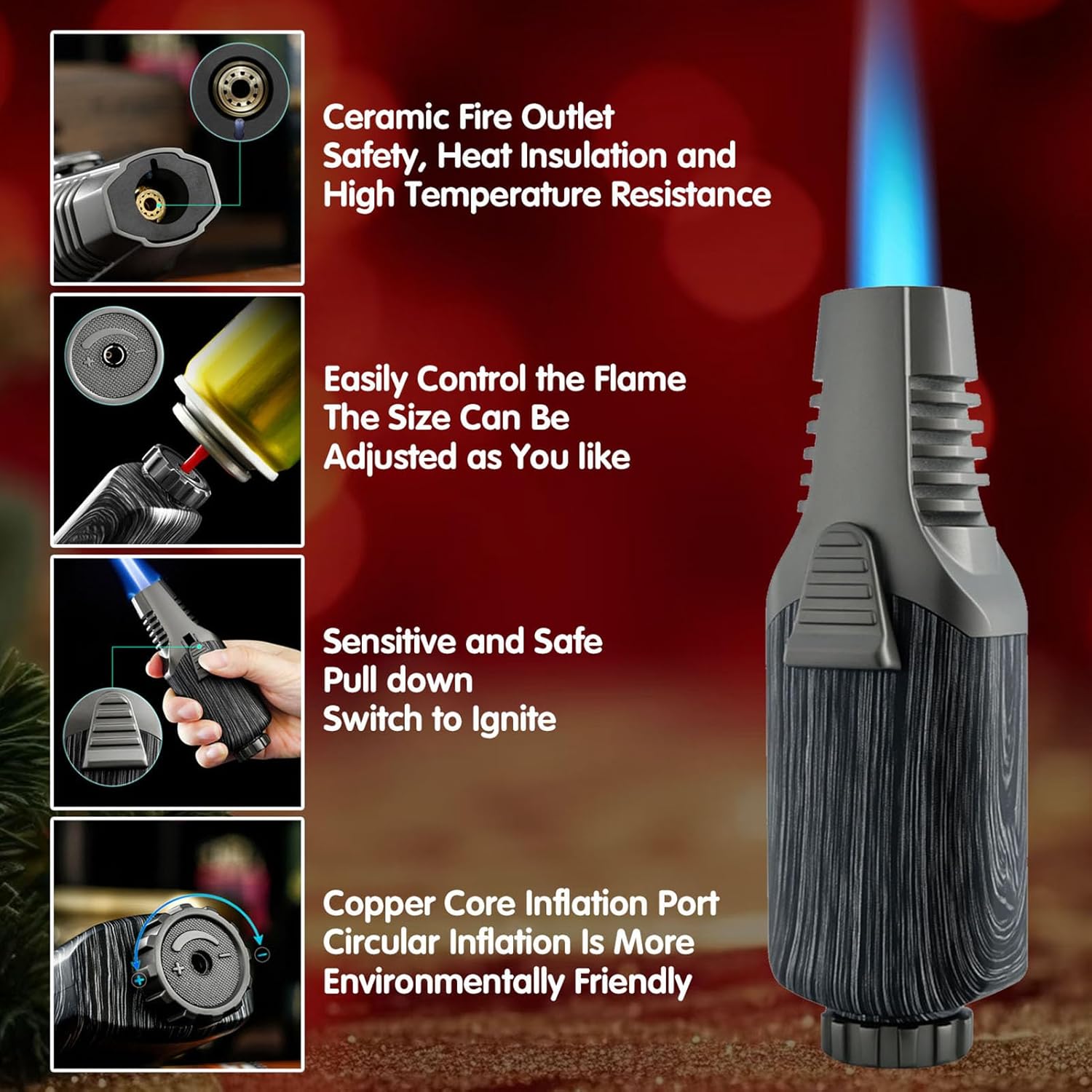 Windproof Adjustable Flame Butane Torch Lighter, Refillable Jet Flame Lighter, Butane Lighter Box for Candles, Outdoor, Creme Brulee (Butane Gas Not Included)(Color:B)