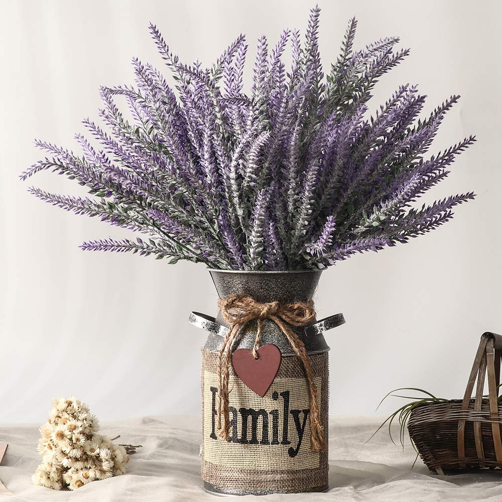 LESING Flores Artificiales de Lavanda con jarrón, Plantas de Lavanda Falsas en jarrón de Metal Decorativo, Flores rústicas Vintage para decoración del hogar de Granja (Familia, Morado)