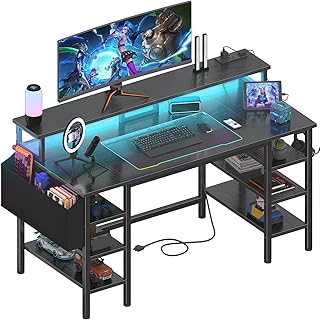 Lufeiya Gaming Desk with LED Lights and Storage Shelves, 47 inch Computer Desk with Power Outlets, Home Office Desk with M...