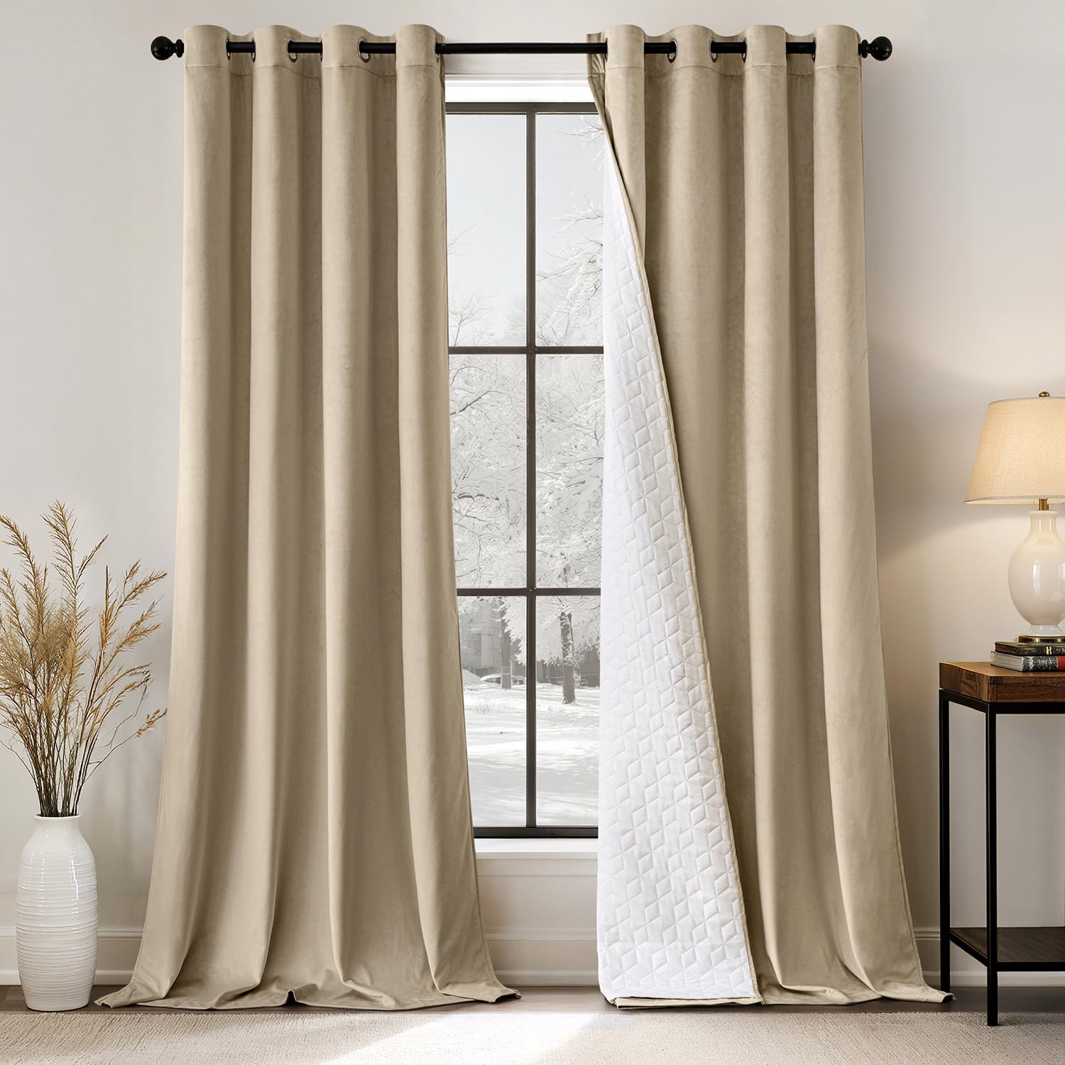 EMEMA Rideau Velours Beige Occultant Thermique à Oeillets 1x132x260cm | Double Couche Isolation Anti Froid Intimité Phonique Salon Chambre Cuisine Perforé Tissu Hivernal Épais Doux
