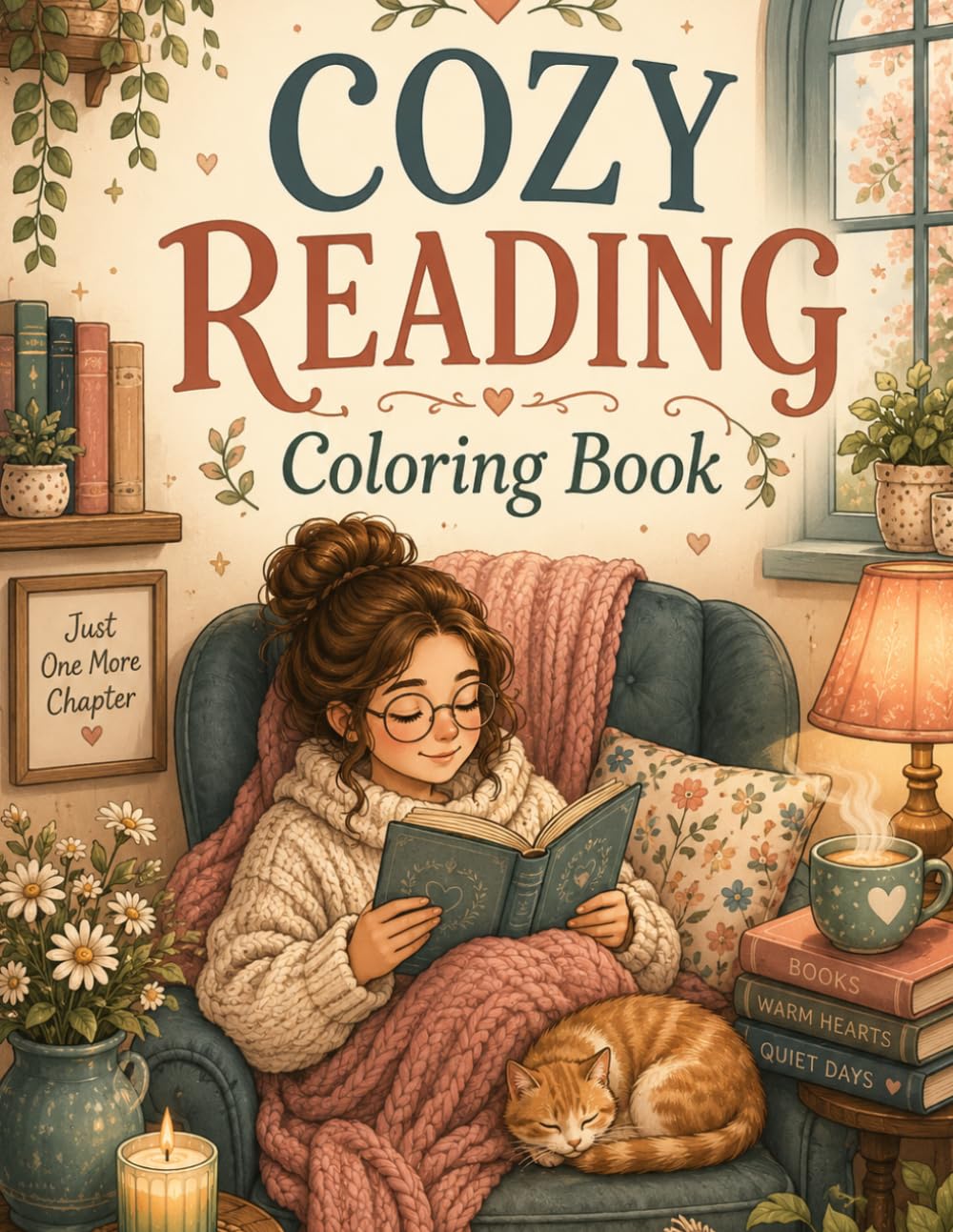 Cozy Reading Coloring Book: Charming Reading Nook Scenes, Quiet Evenings at Home, Sleepy Cats, and Cottagecore Inspired Adult Coloring Pages for Stress Relief