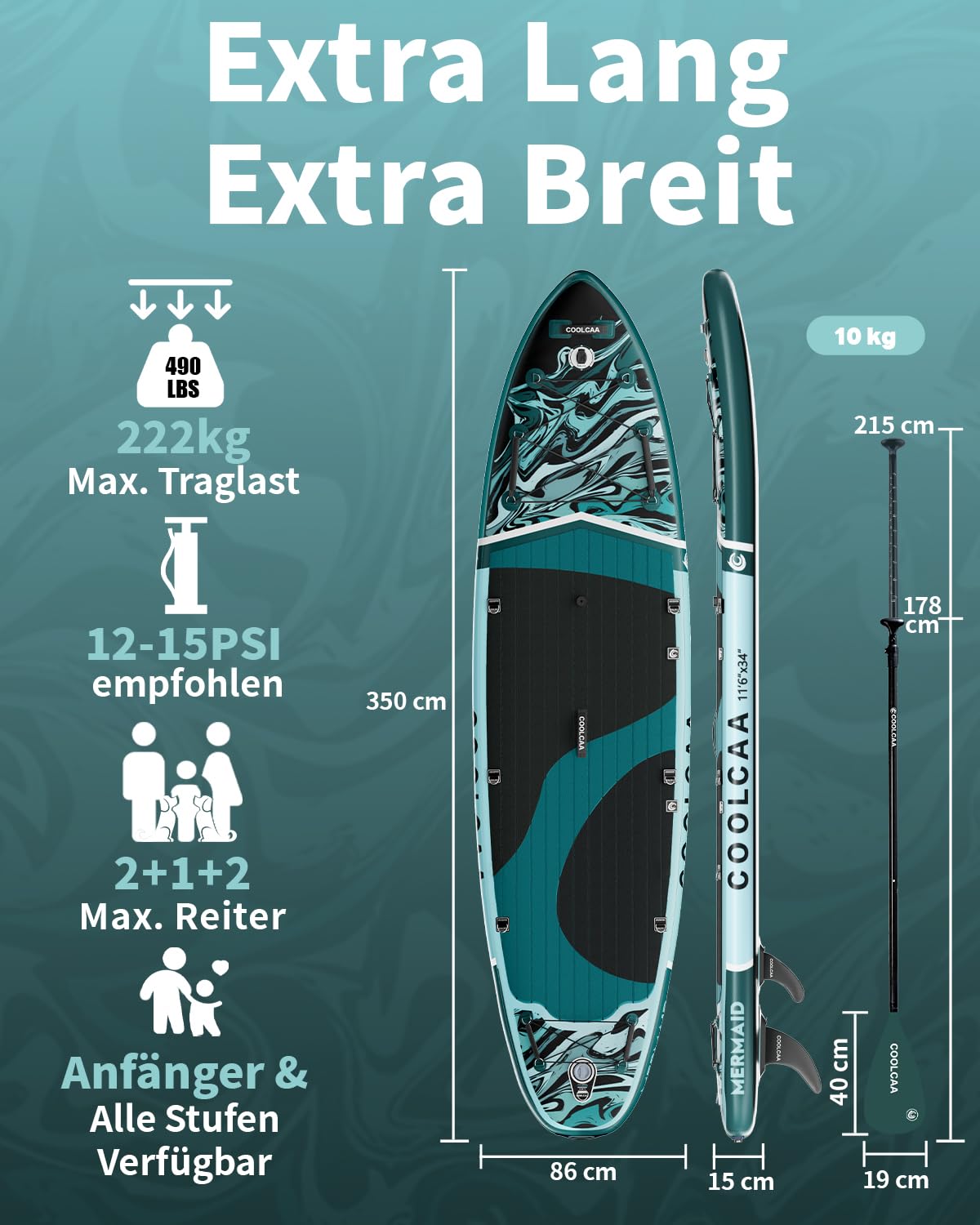 COOLCAA SUP Board, 355cm (Extra Groß) Stand Up Paddling Board, Aufblasbares Stand-Up Paddle Board mit 86cm Extra Breit, Fishing Paddleboard mit Zubehör & Tragetasche für Adults, 222 kg