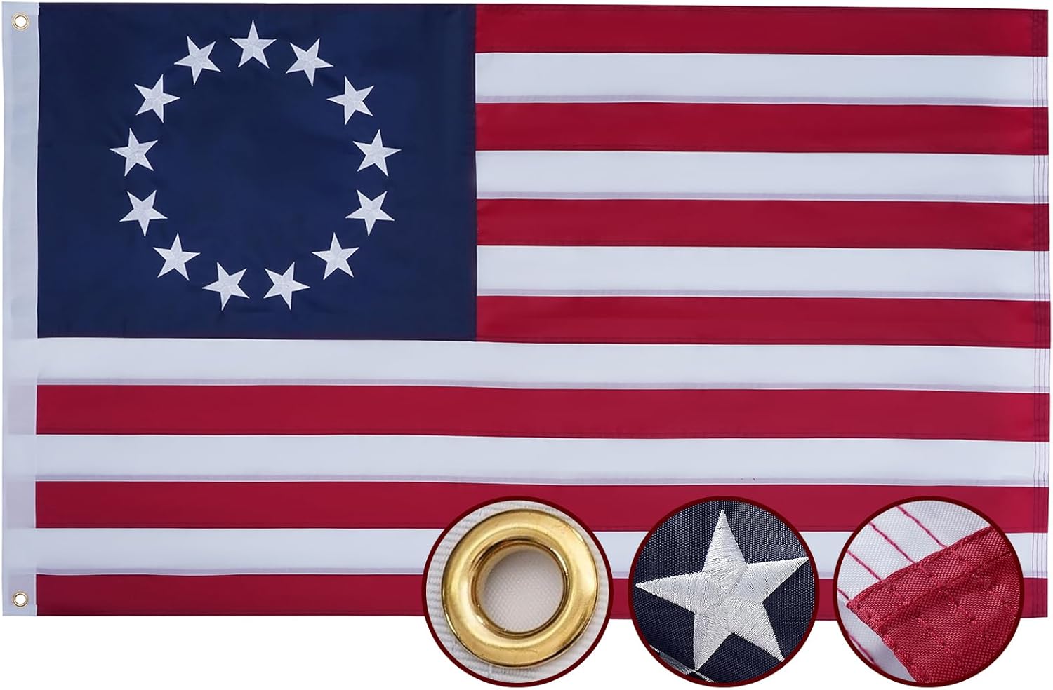 Betsy Ross Flag 5x8 Ft Embroidered 13 Star American Flags for Outside, Heavy Duty Sewn Stripes 13 Colonies Flag for 250th Anniversary 4th of July Outdoor Use