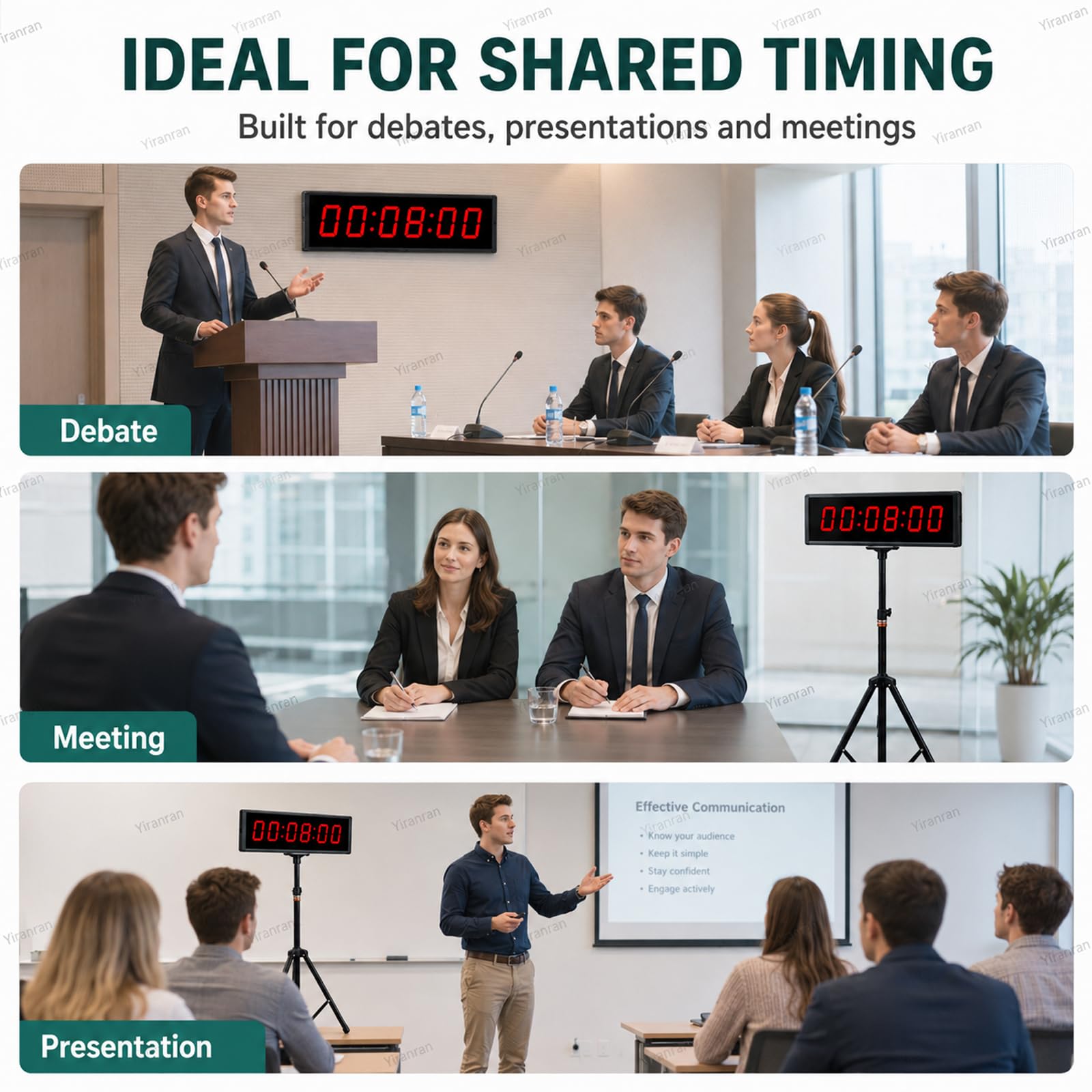 Orologio da parete digitale da 1,5 pollici con treppiede, timer a doppia faccia, conto alla rovescia/avanti, cronometro, memoria preimpostata e timer ciclico,ideale per eventi di corsa e gare sportive